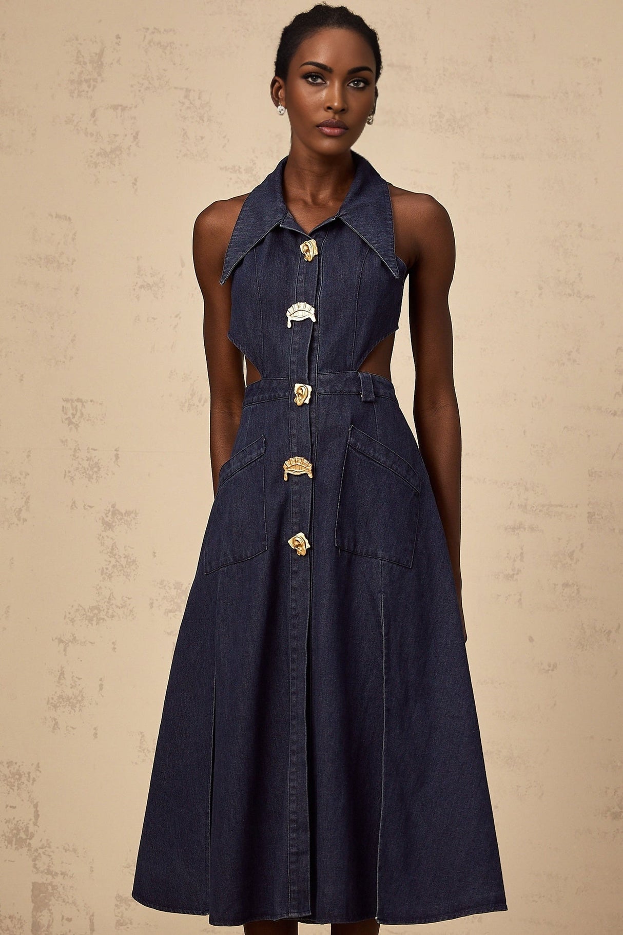 Lia Midi Dress Dark Blue Pointed Collar Cut Out Slit Pockets Buttons