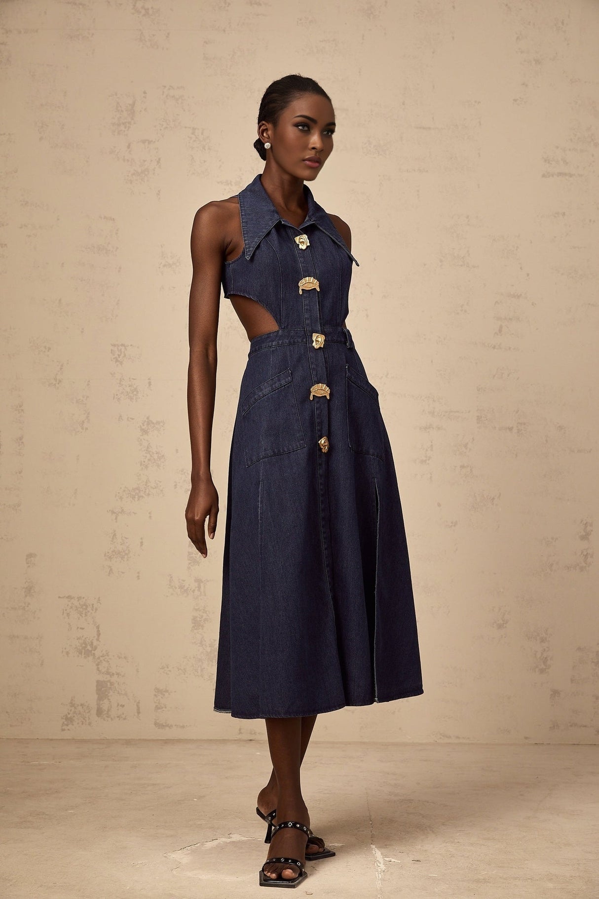 Lia Midi Dress Dark Blue Pointed Collar Cut Out Slit Pockets Buttons