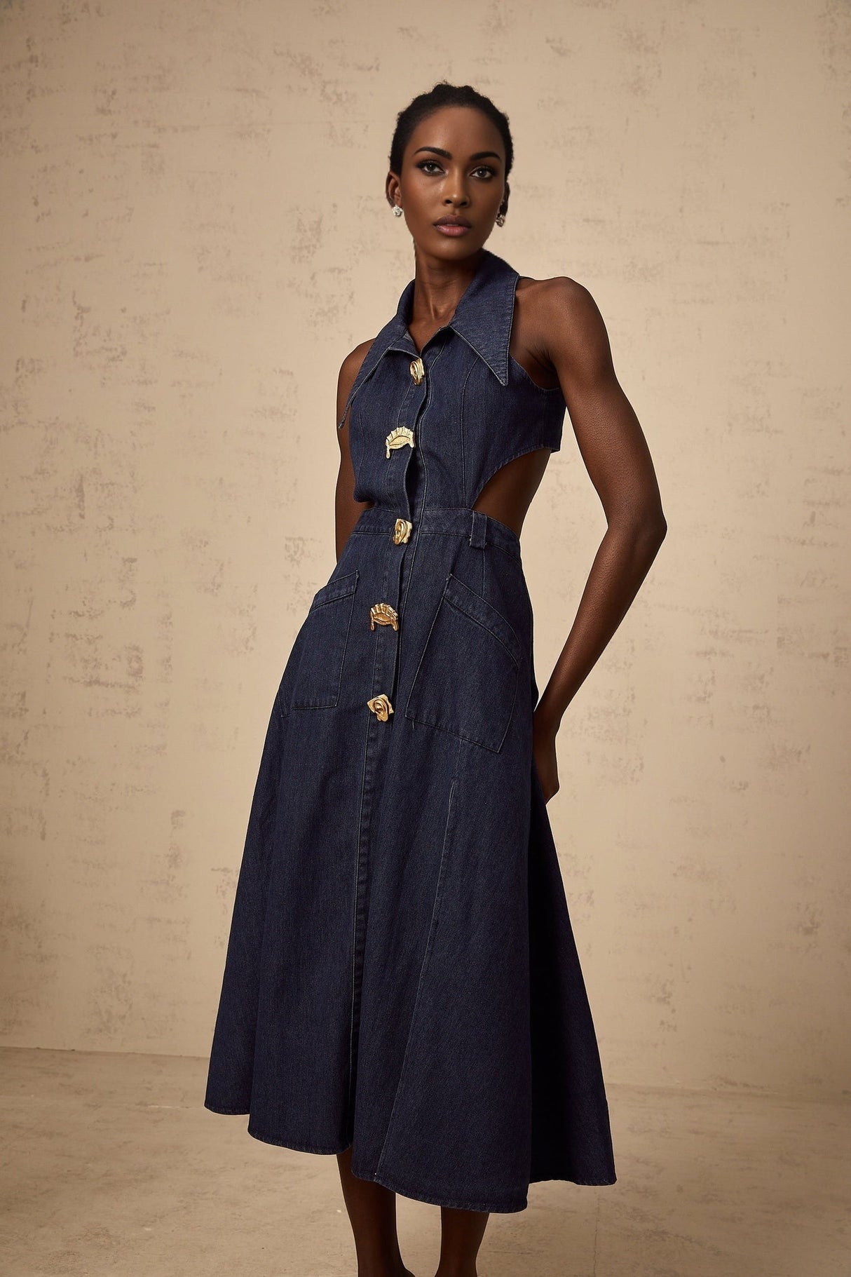 Lia Midi Dress Dark Blue Pointed Collar Cut Out Slit Pockets Buttons