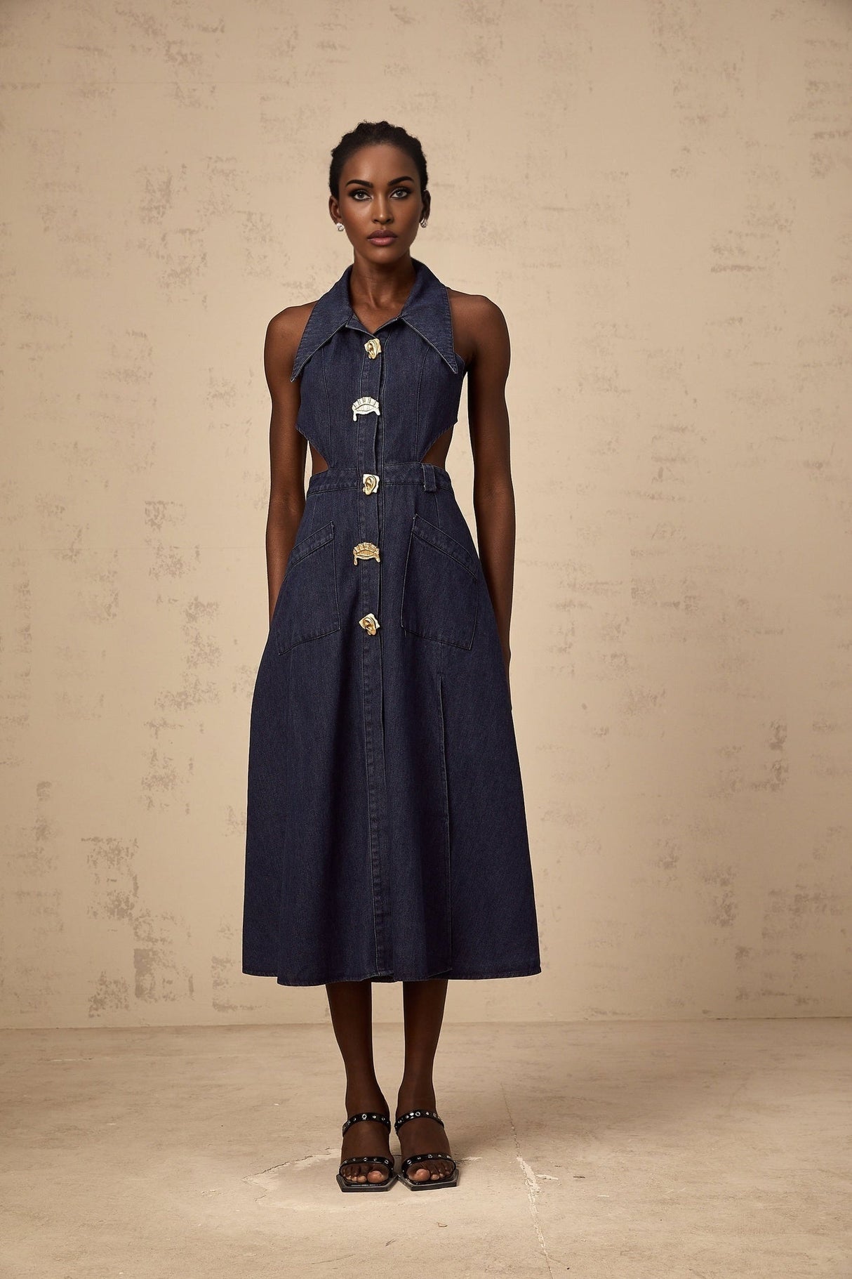 Lia Midi Dress Dark Blue Pointed Collar Cut Out Slit Pockets Buttons