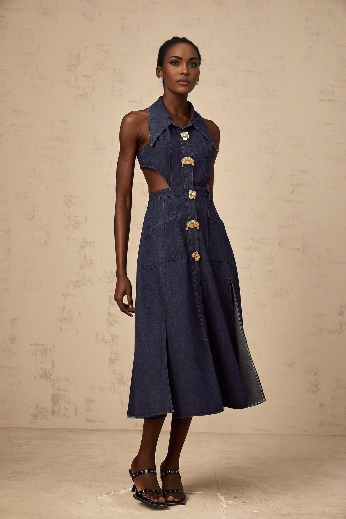 Lia Midi Dress Dark Blue Pointed Collar Cut Out Slit Pockets Buttons