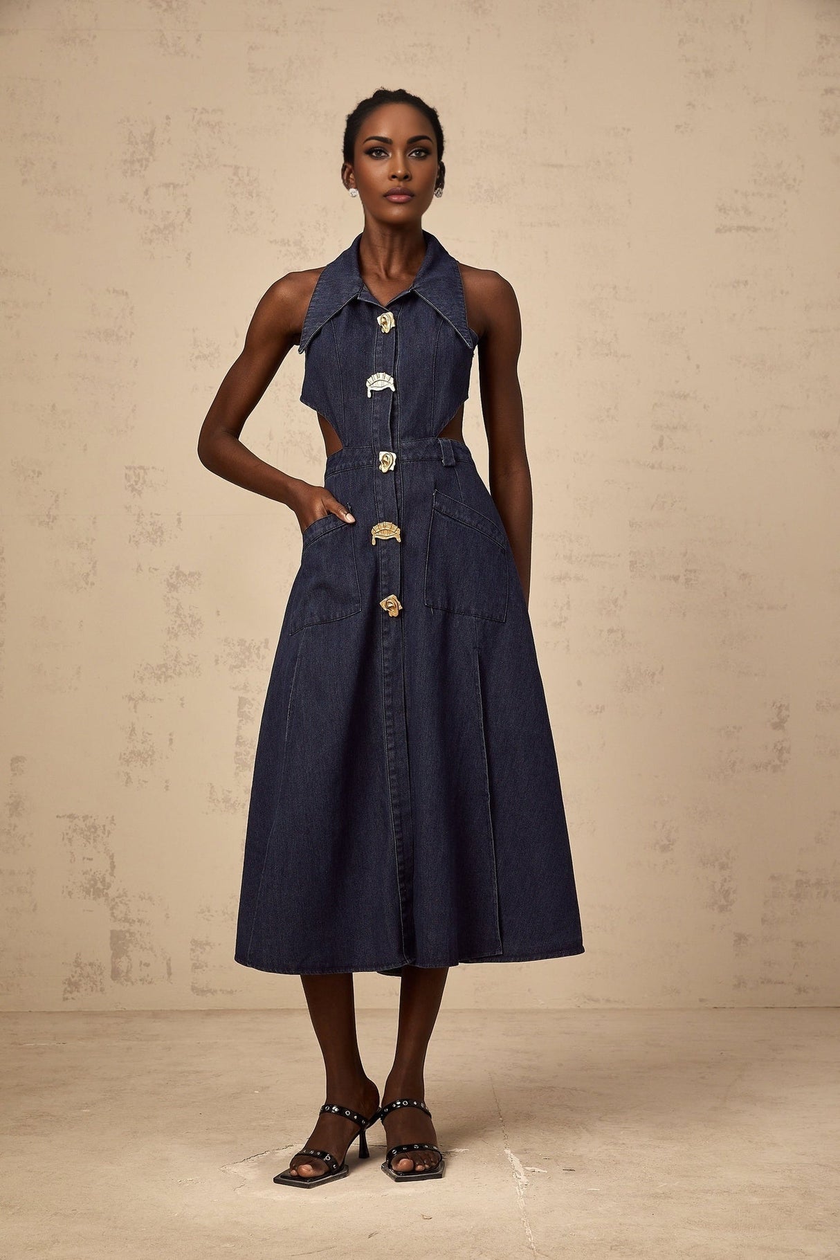 Lia Midi Dress Dark Blue Pointed Collar Cut Out Slit Pockets Buttons