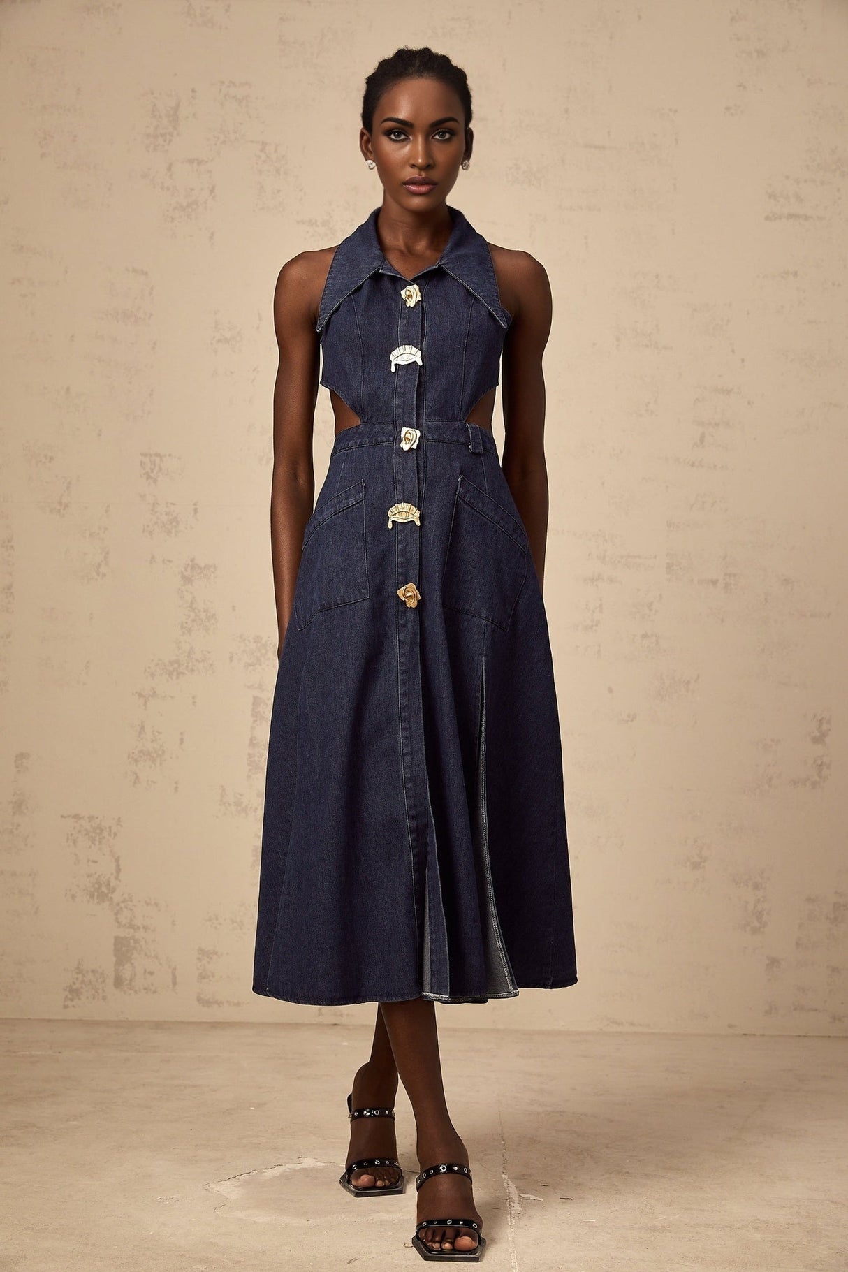 Lia Midi Dress Dark Blue Pointed Collar Cut Out Slit Pockets Buttons