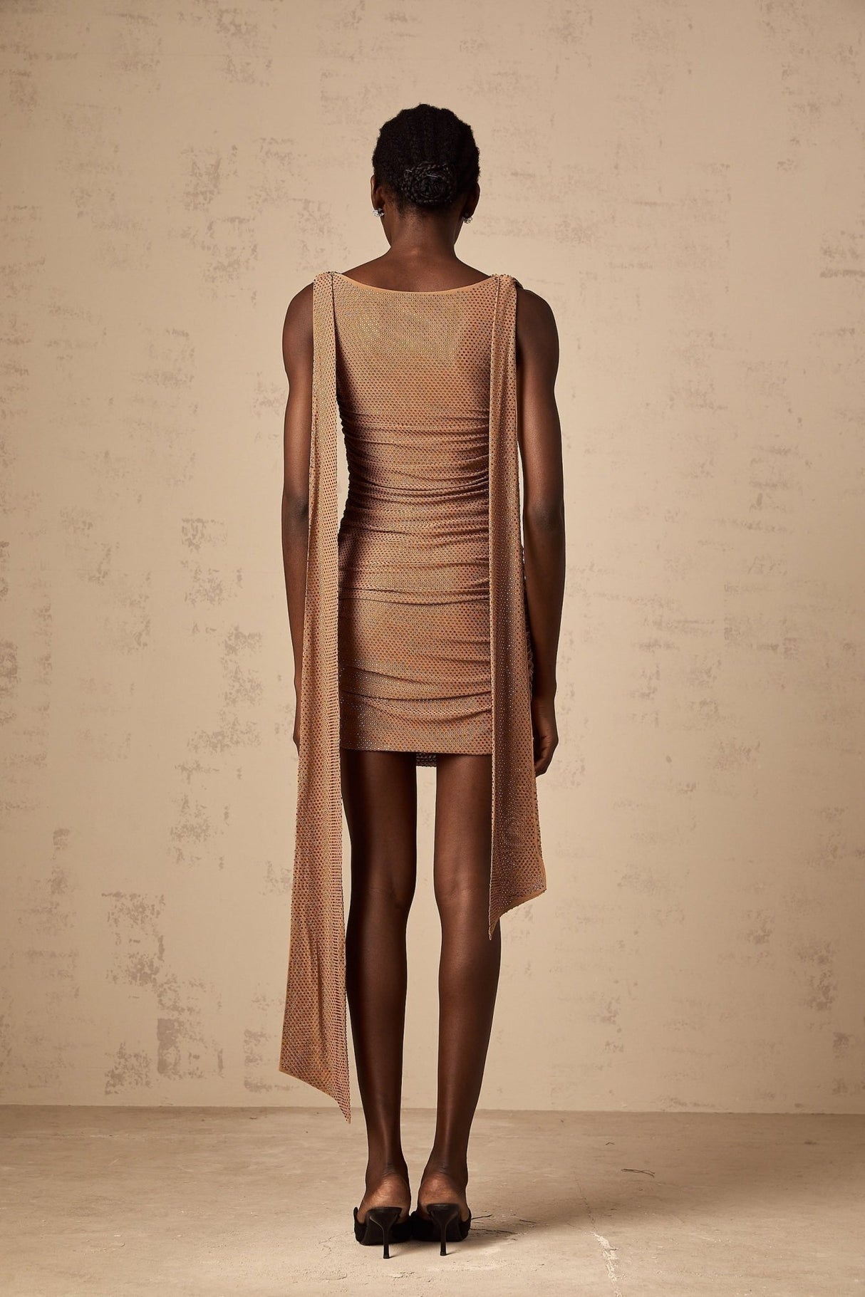 Lia Mini Dress Brown Rhinestone Ribbon Ruched Zip & Thigh Length