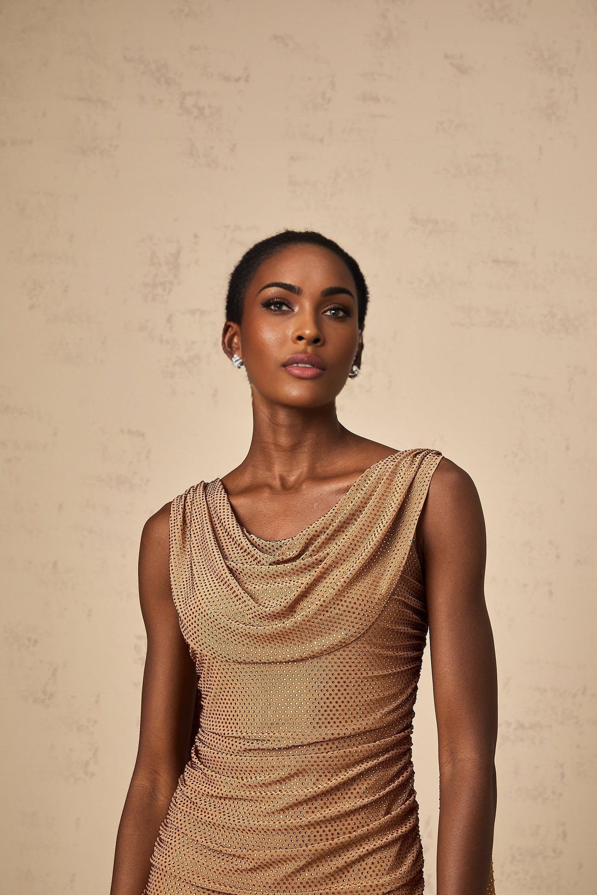 Lia Mini Dress Brown Rhinestone Ribbon Ruched Zip & Thigh Length