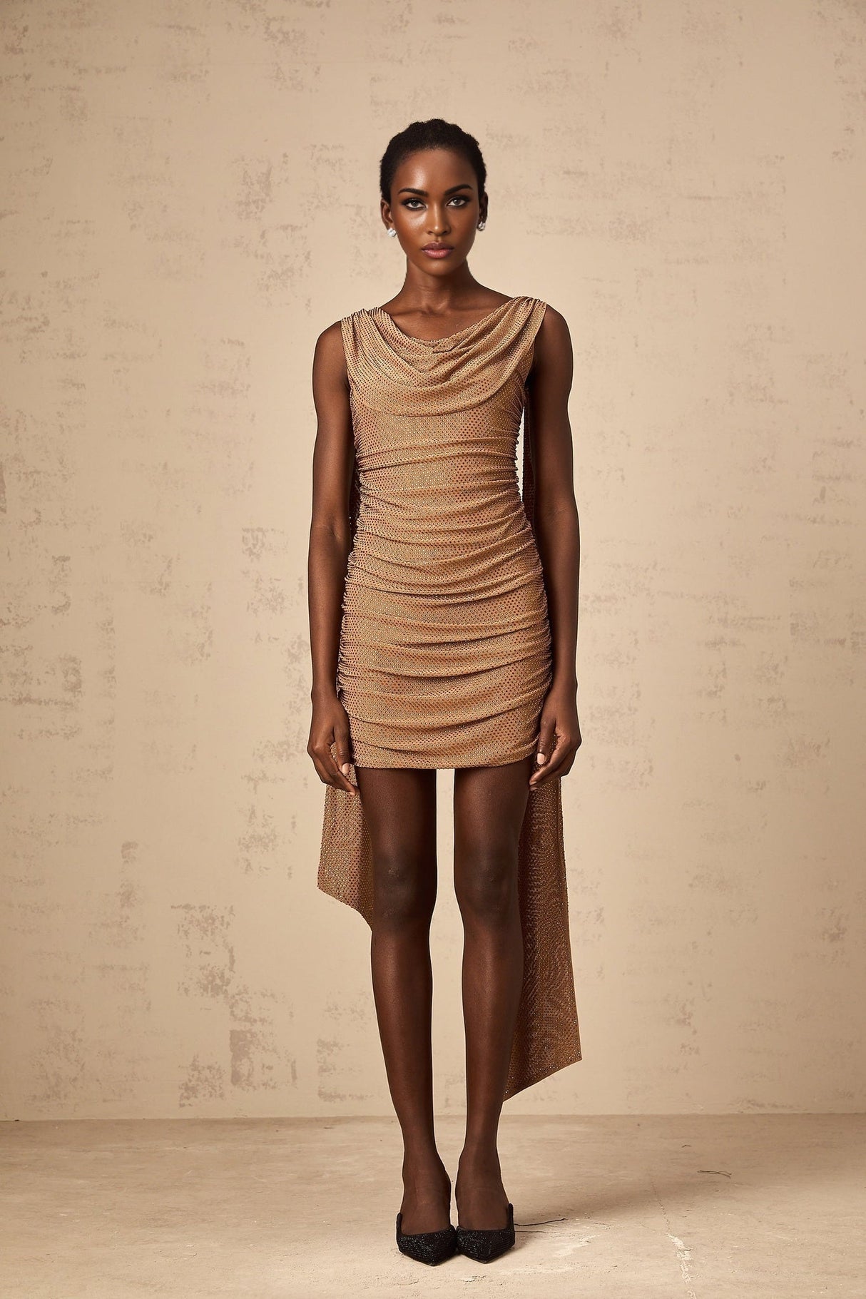 Lia Mini Dress Brown Rhinestone Ribbon Ruched Zip & Thigh Length