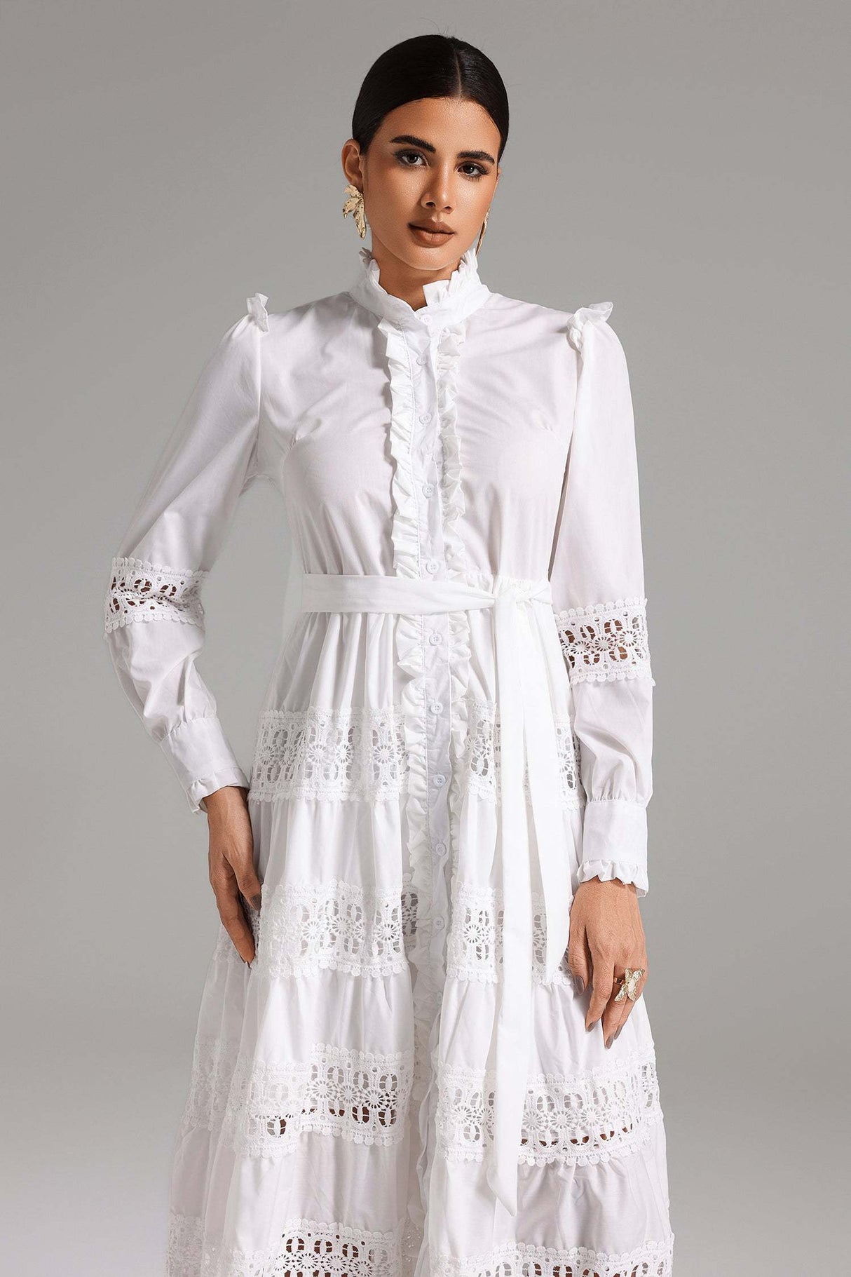 Lia White Ruffle Detail Midi Dress with Lace Insets and Cinched Waist