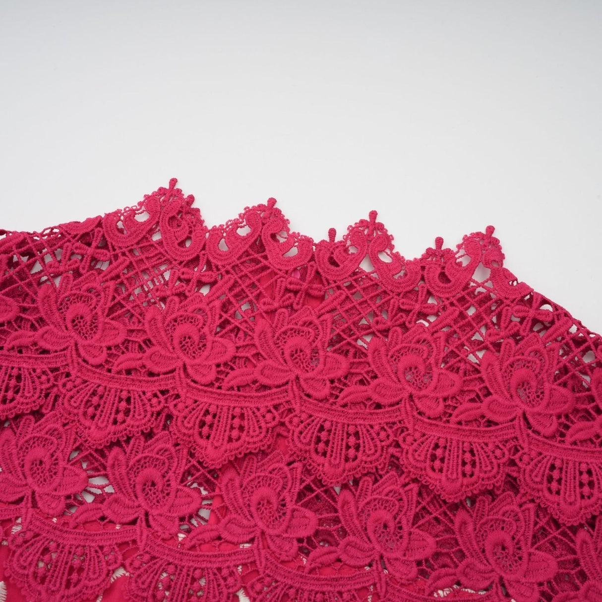 Liana Maxi Dress in Bold Red with Scallop Pattern & Lace Paneling