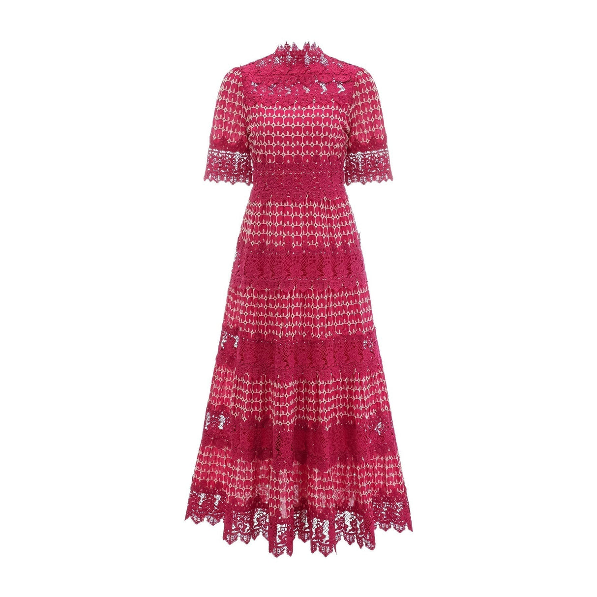 Liana Maxi Dress in Bold Red with Scallop Pattern & Lace Paneling