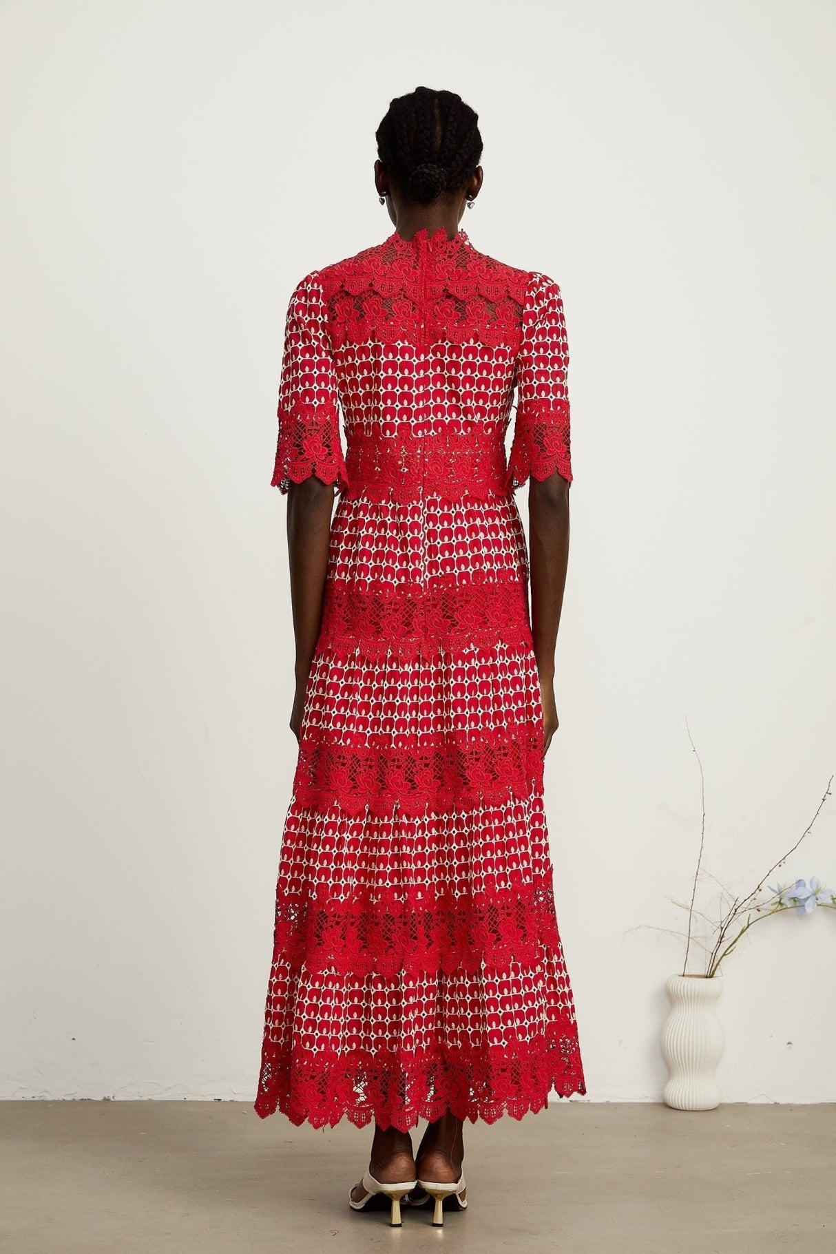 Liana Maxi Dress in Bold Red with Scallop Pattern & Lace Paneling