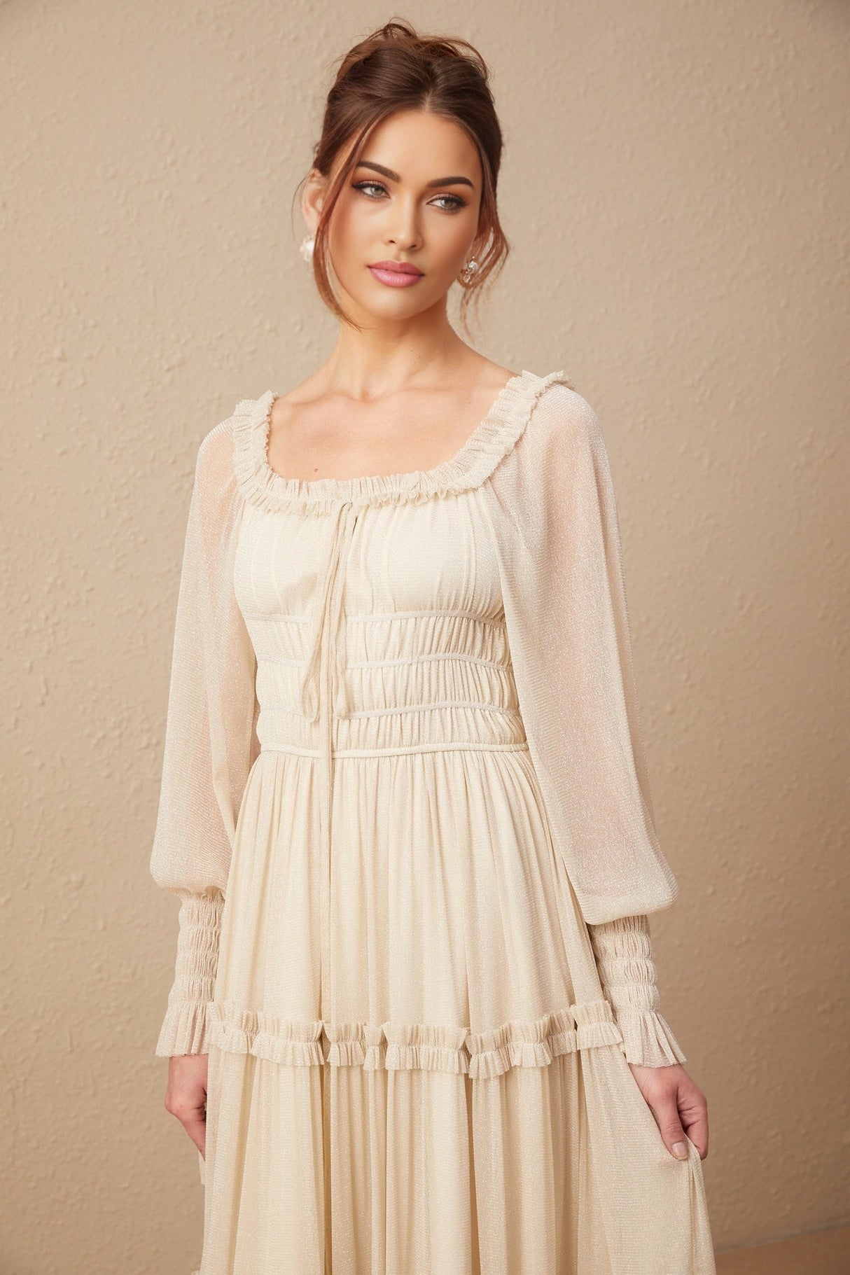 Liana Midi Dress with Metallic Threading and Tiered Design