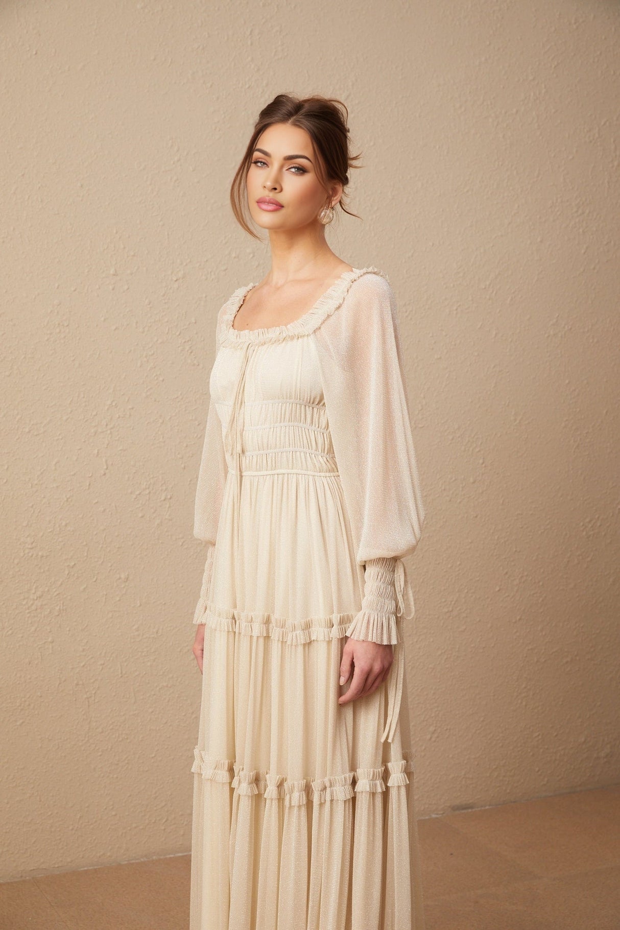 Liana Midi Dress with Metallic Threading and Tiered Design