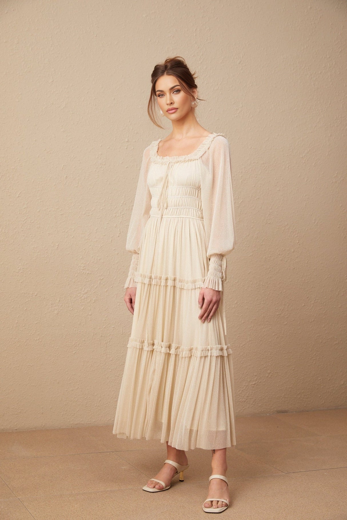 Liana Midi Dress with Metallic Threading and Tiered Design