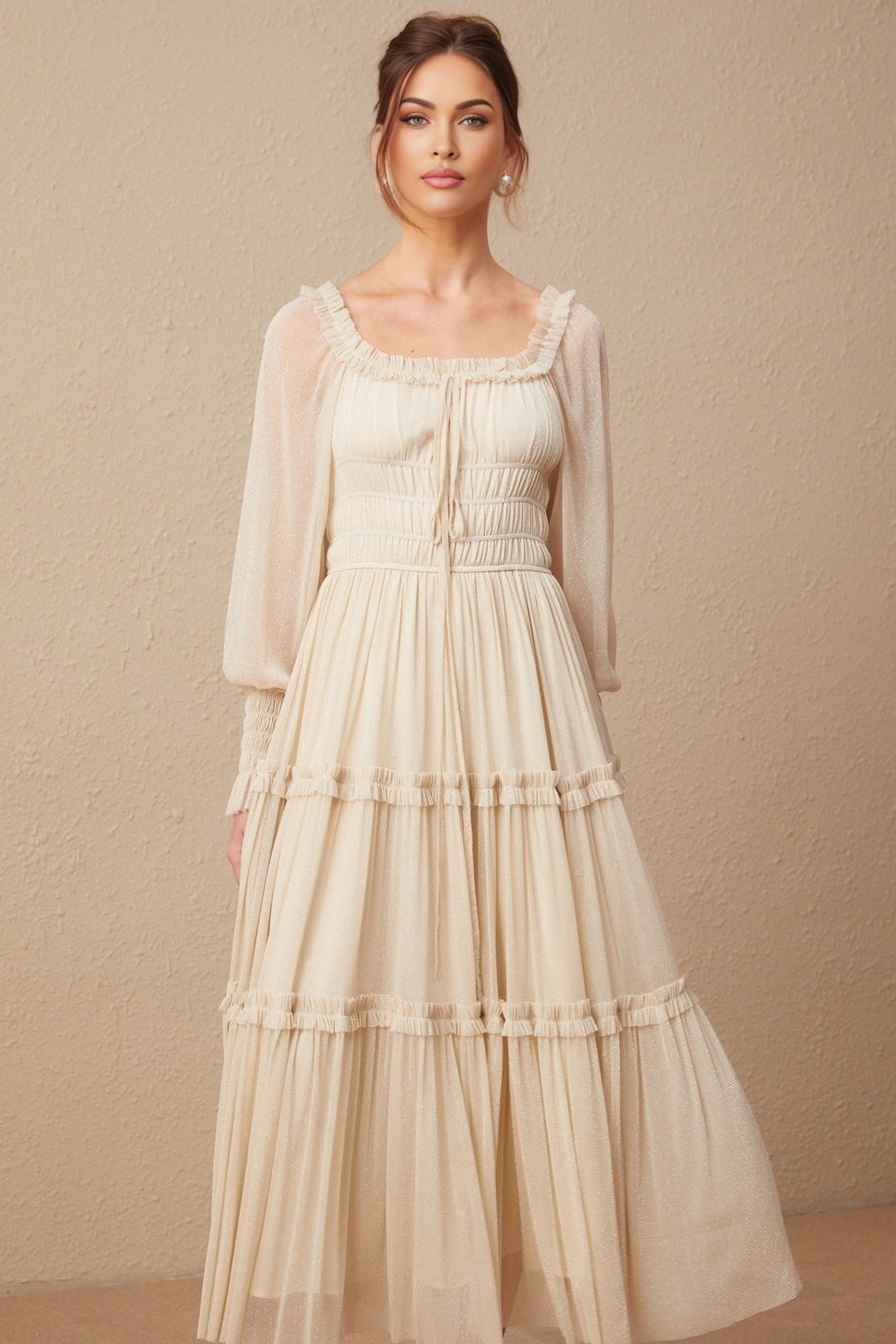 Liana Midi Dress with Metallic Threading and Tiered Design