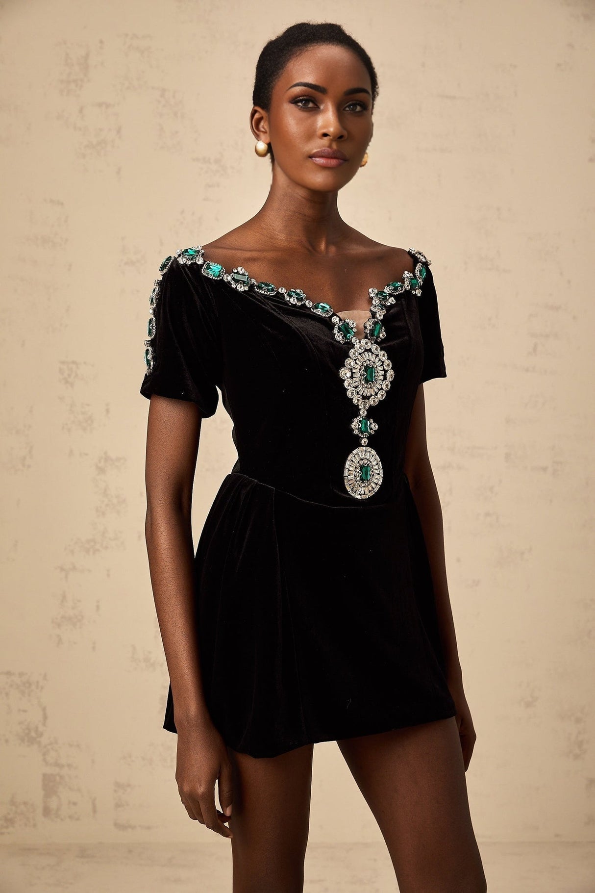 Liana Mini Dress Black Velvet Crystal Chic Style