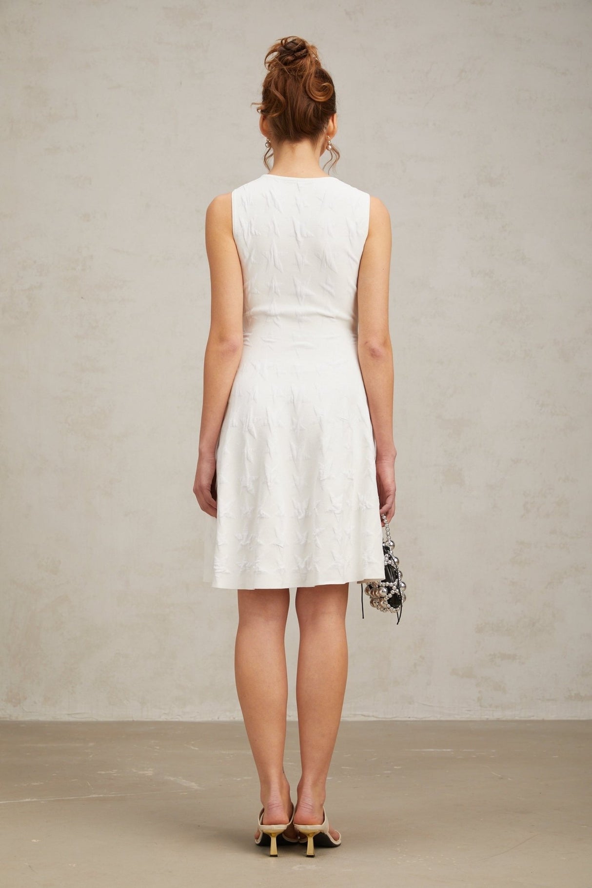 Liana Mini Dress White Star Knit Flare Hem Zip