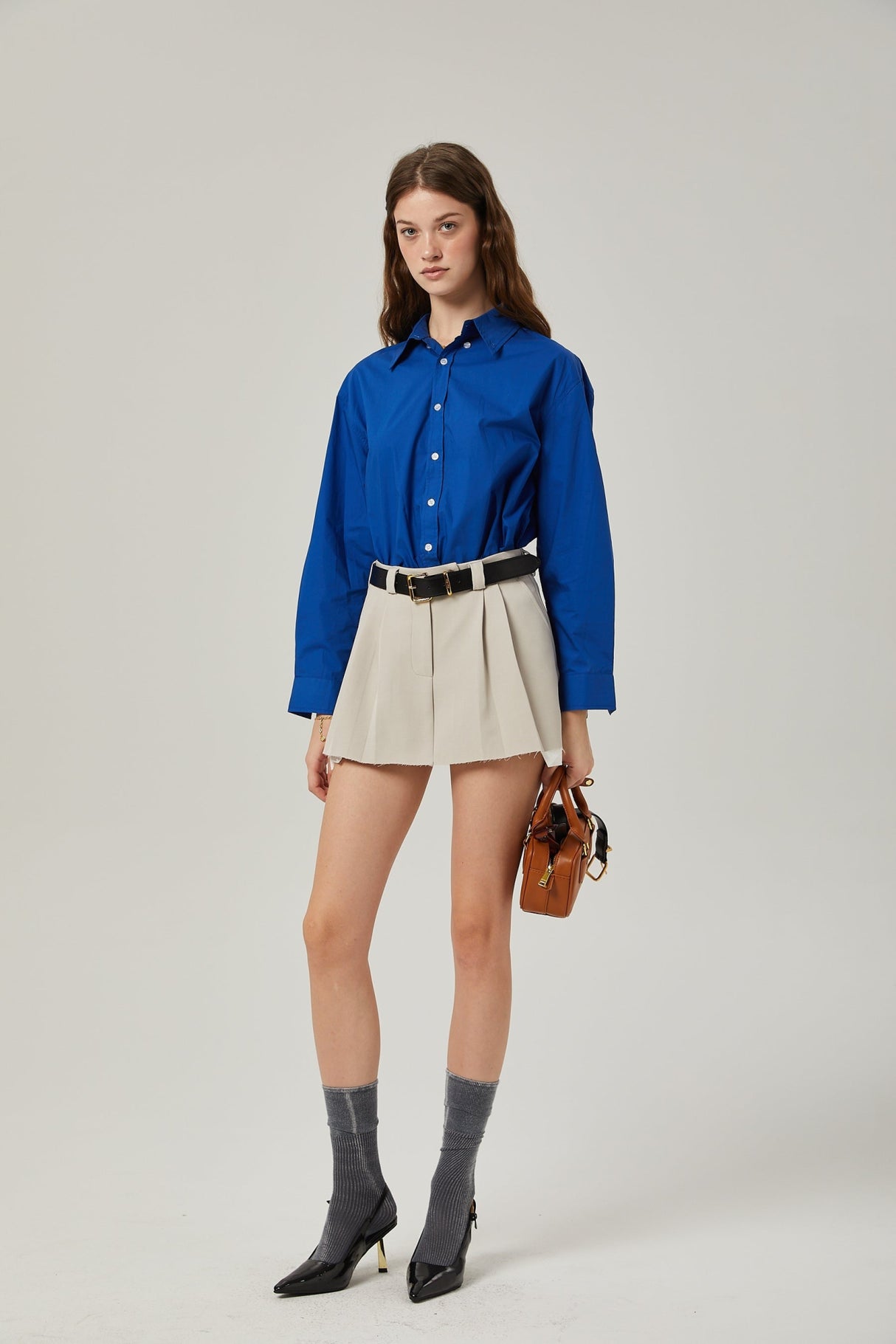 Liana Pleated Thigh Length Skirt - Neutrals Concealed Fastening