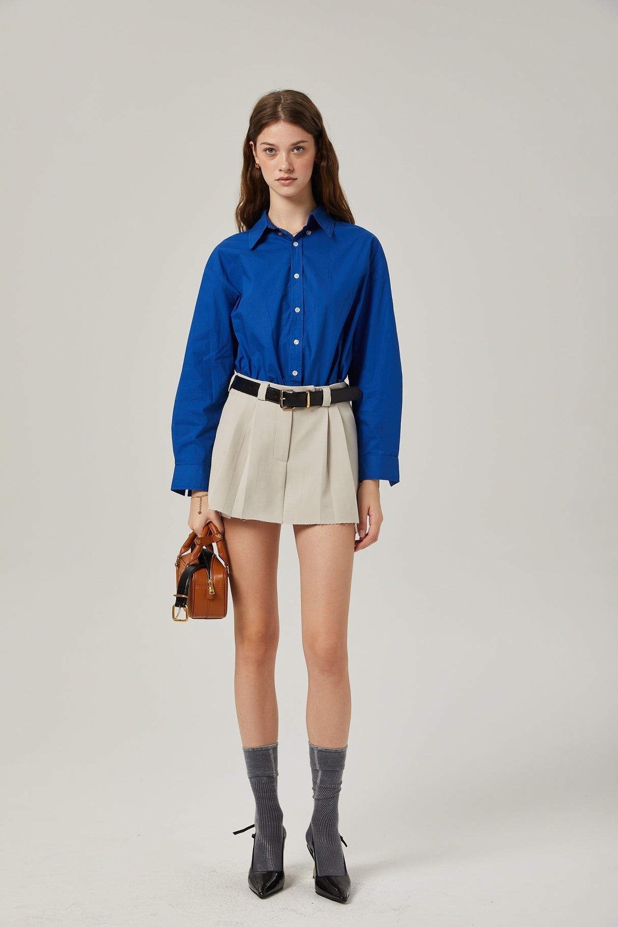 Liana Pleated Thigh Length Skirt - Neutrals Concealed Fastening