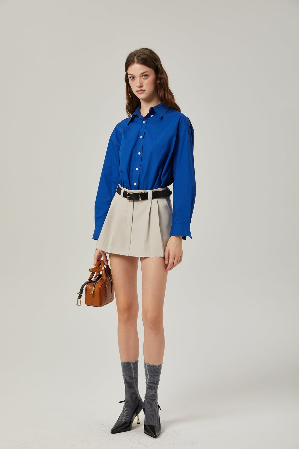 Liana Pleated Thigh Length Skirt - Neutrals Concealed Fastening