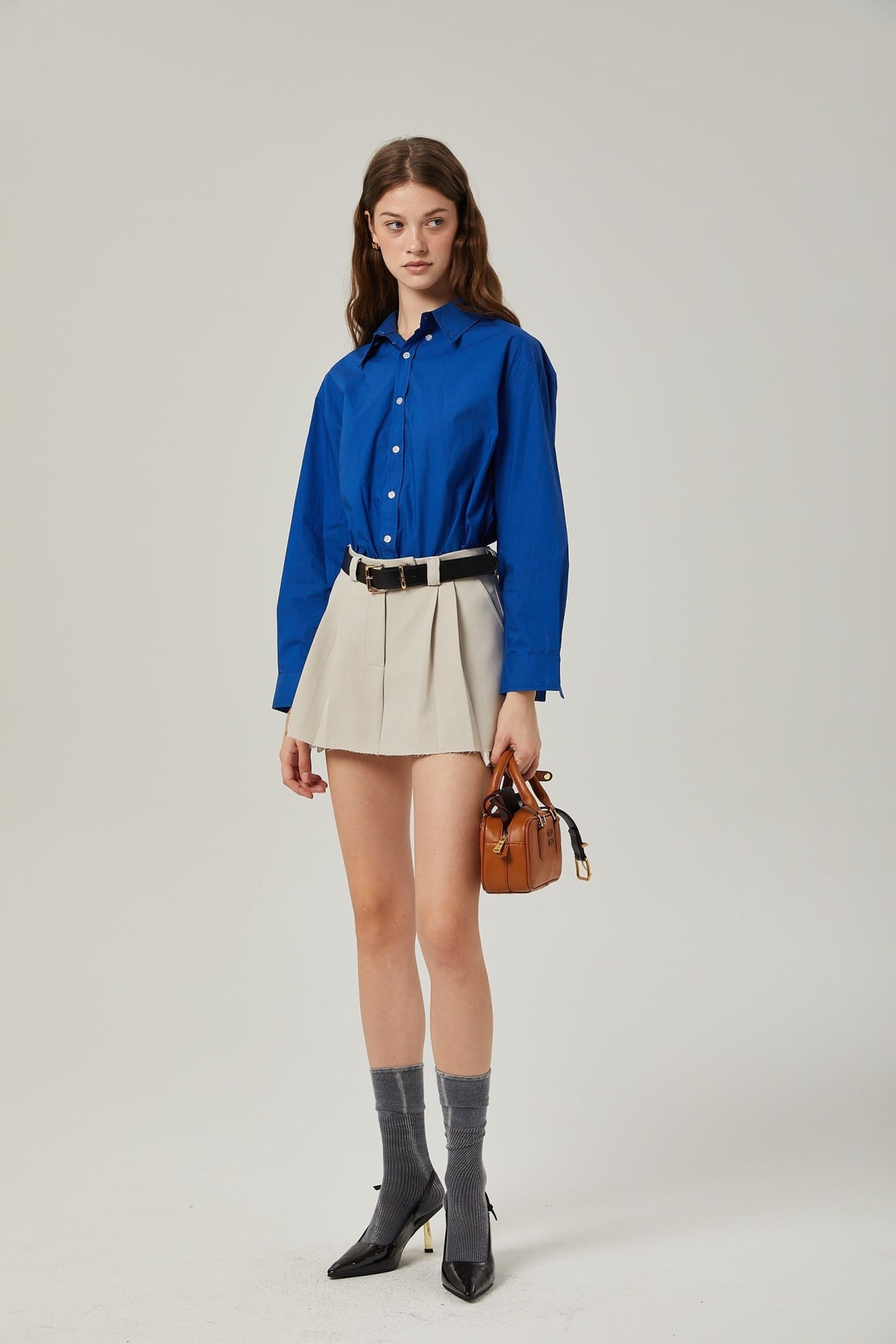 Liana Pleated Thigh Length Skirt - Neutrals Concealed Fastening