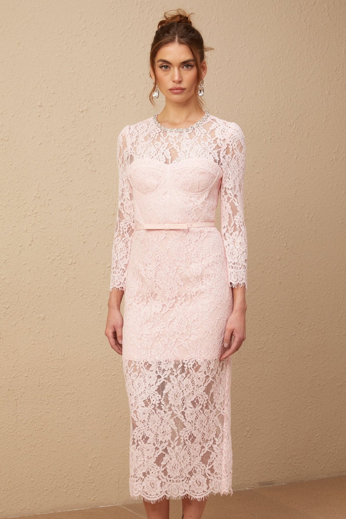 Licia Floral Midi Dress in Vibrant Pink with Lace Overlay & Crystal Embellishments