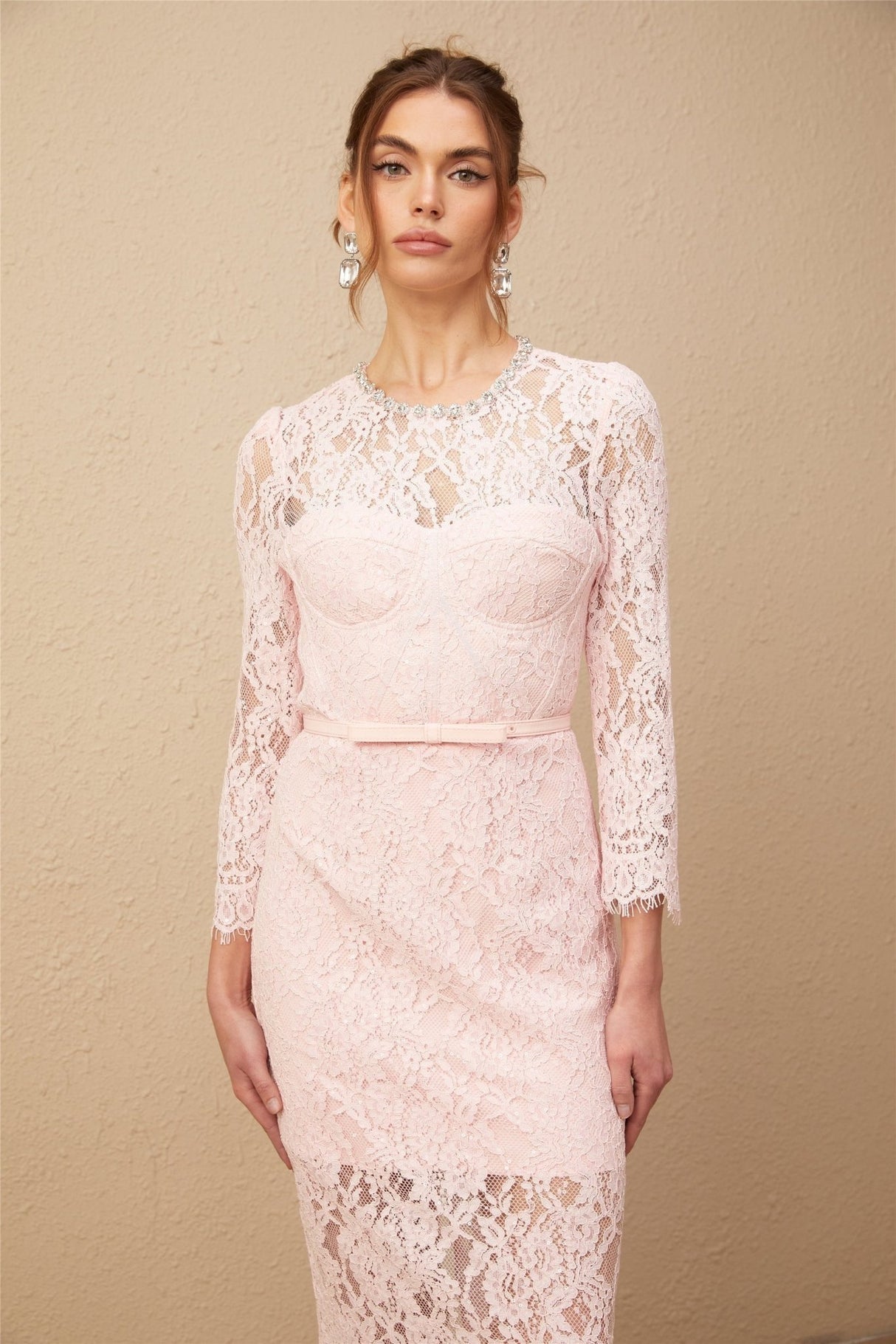 Licia Floral Midi Dress in Vibrant Pink with Lace Overlay & Crystal Embellishments