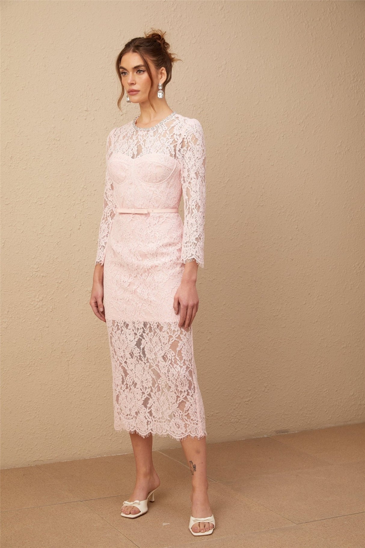 Licia Floral Midi Dress in Vibrant Pink with Lace Overlay & Crystal Embellishments