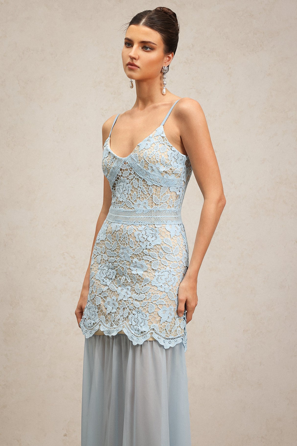 Licia Light Blue Lace Maxi Dress Elegant Sophisticated Formal Event Wedding Halter Neckline Floral Chiffon Overlay Graceful Fit Luxurious Style Confidence Grace