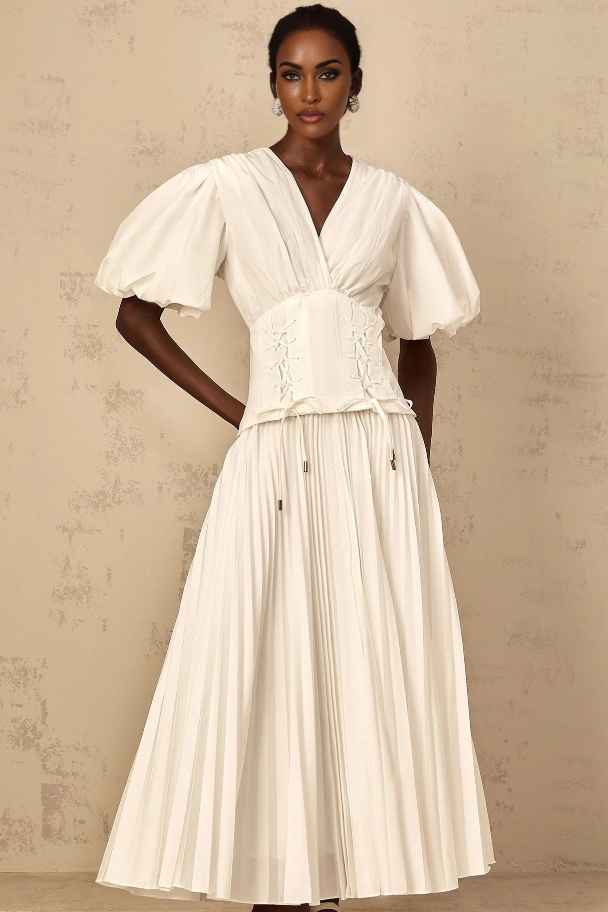 Licia Maxi Dress White Lace - Up Pleated & Puff Sleeves