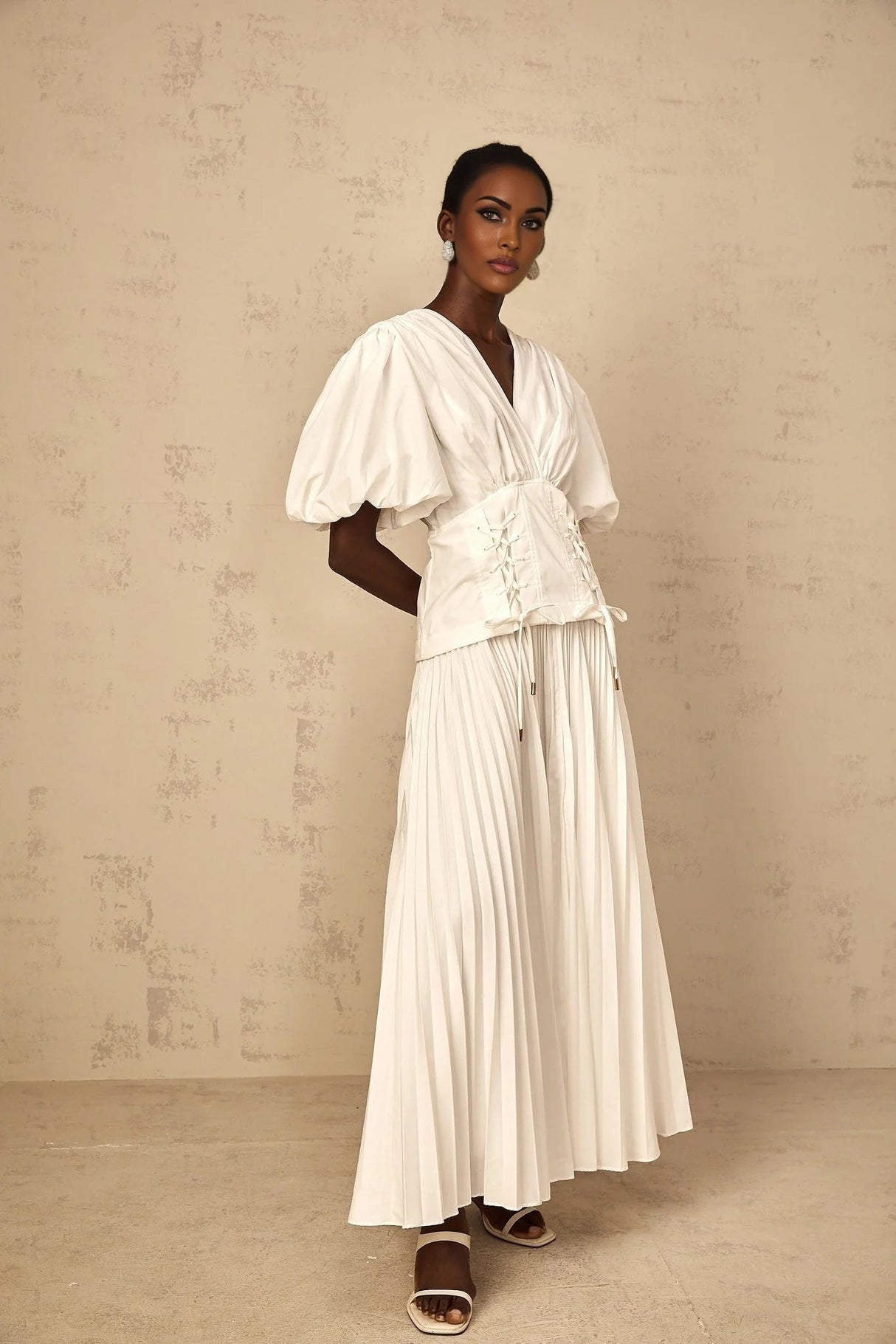 Licia Maxi Dress White Lace - Up Pleated & Puff Sleeves