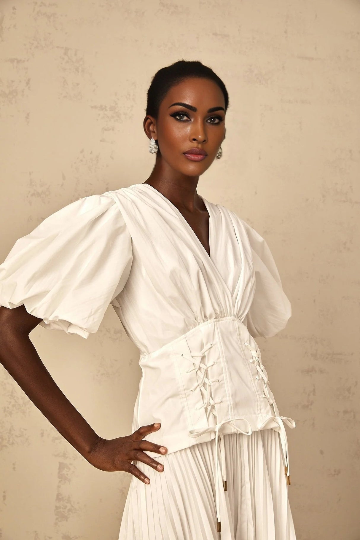 Licia Maxi Dress White Lace - Up Pleated & Puff Sleeves