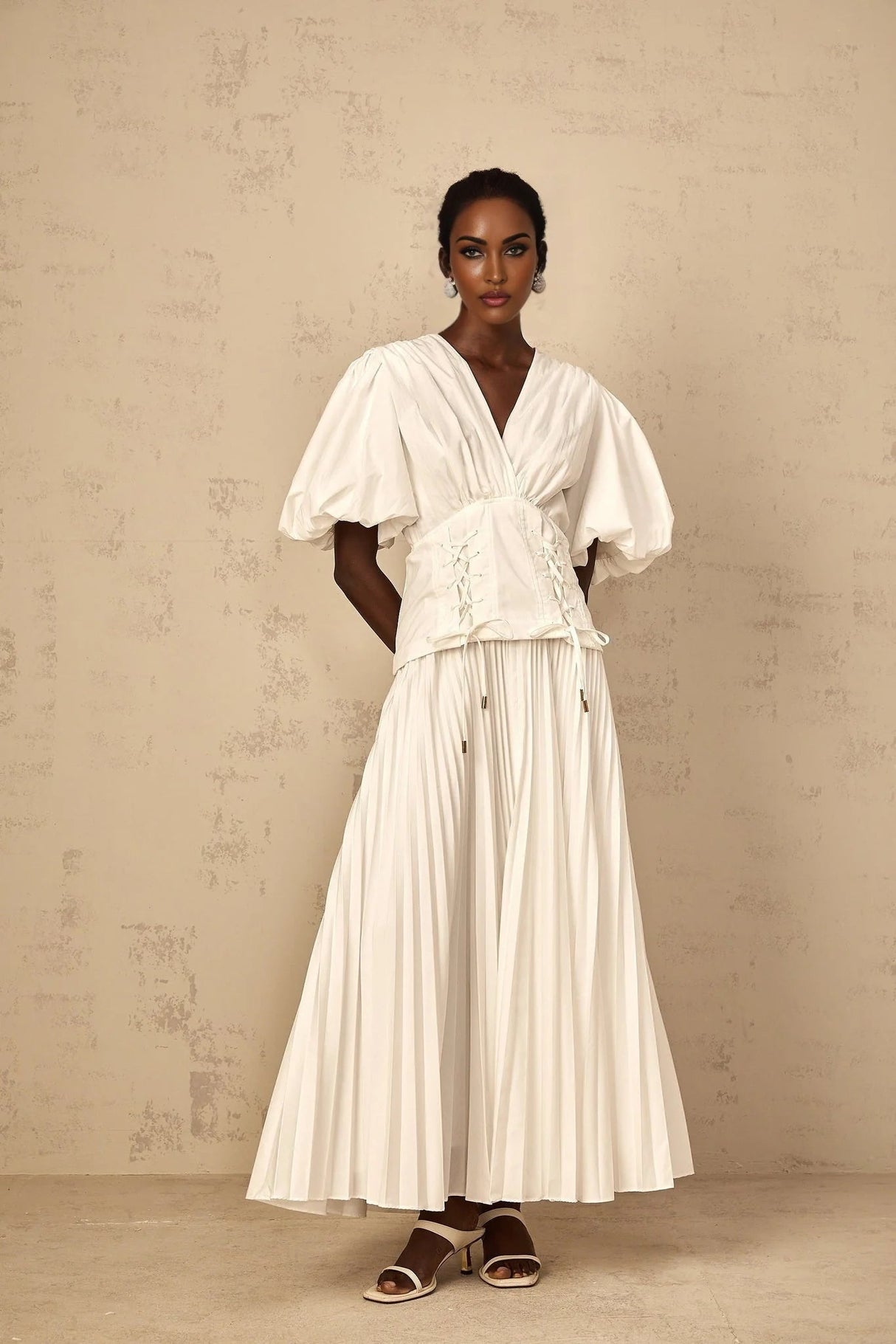 Licia Maxi Dress White Lace - Up Pleated & Puff Sleeves