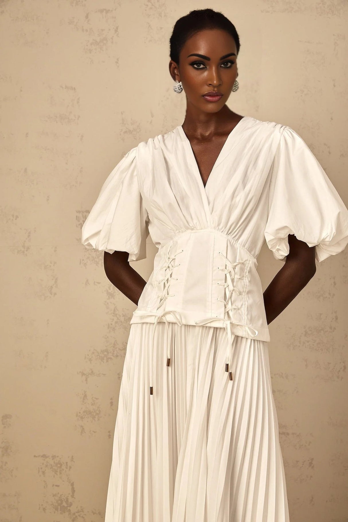 Licia Maxi Dress White Lace - Up Pleated & Puff Sleeves