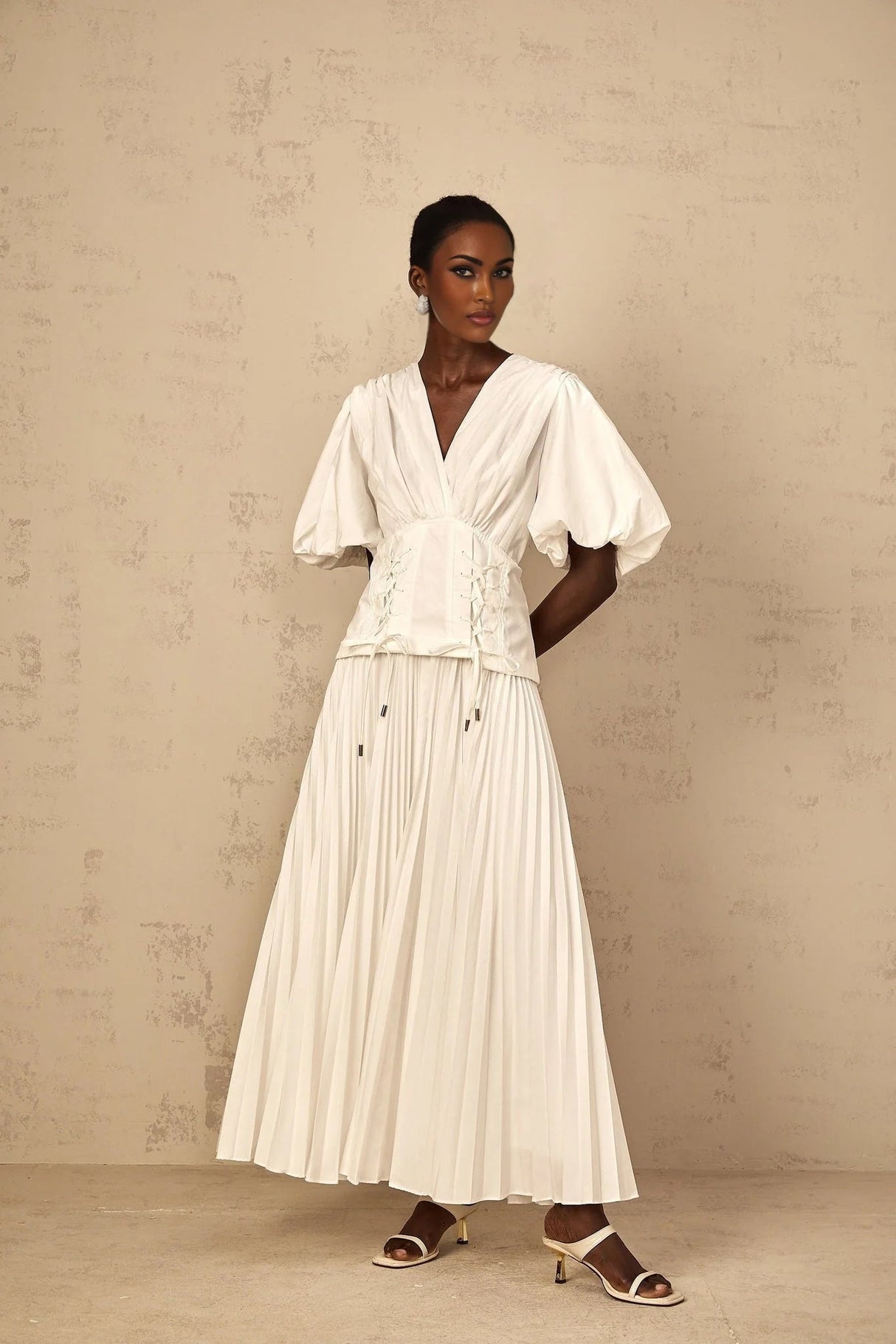 Licia Maxi Dress White Lace - Up Pleated & Puff Sleeves