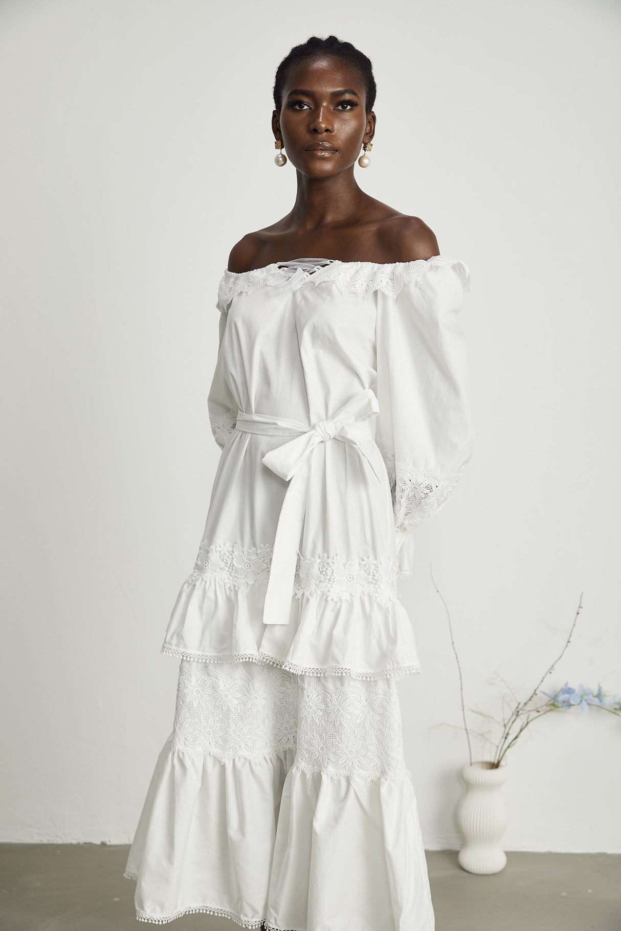 Licia Midi Dress White Lace Trim Cut Out Design & Flounce Hem