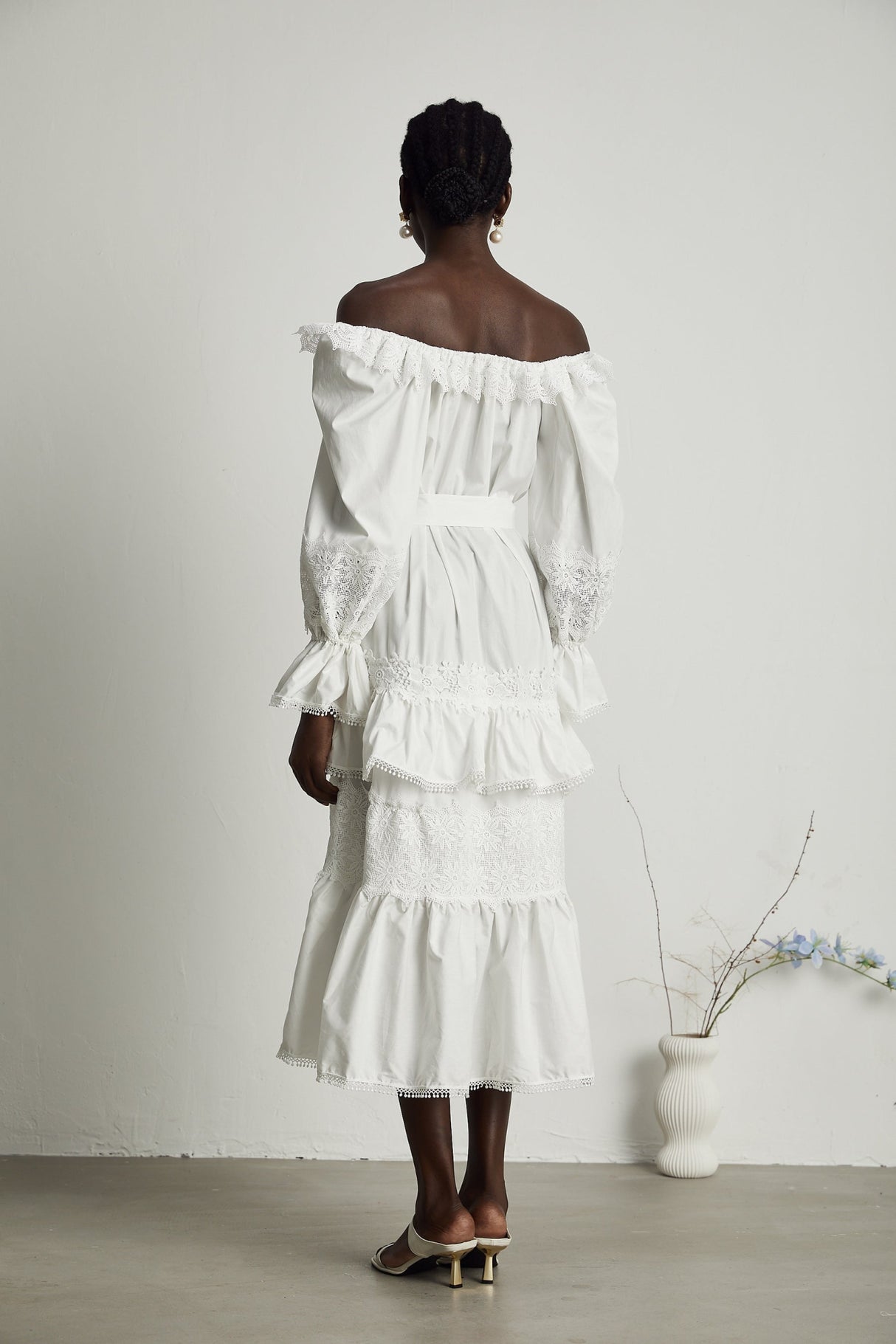 Licia Midi Dress White Lace Trim Cut Out Design & Flounce Hem