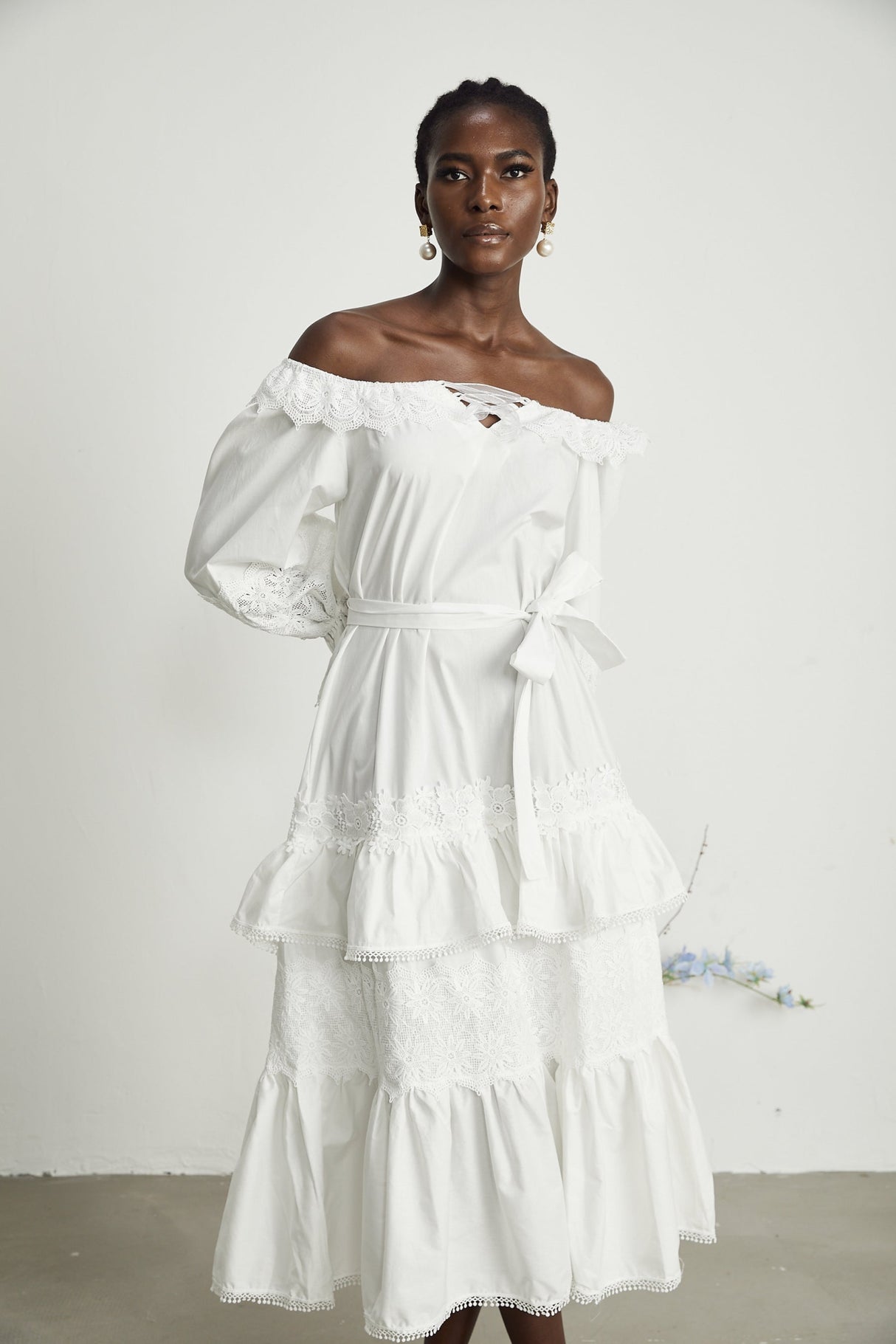 Licia Midi Dress White Lace Trim Cut Out Design & Flounce Hem