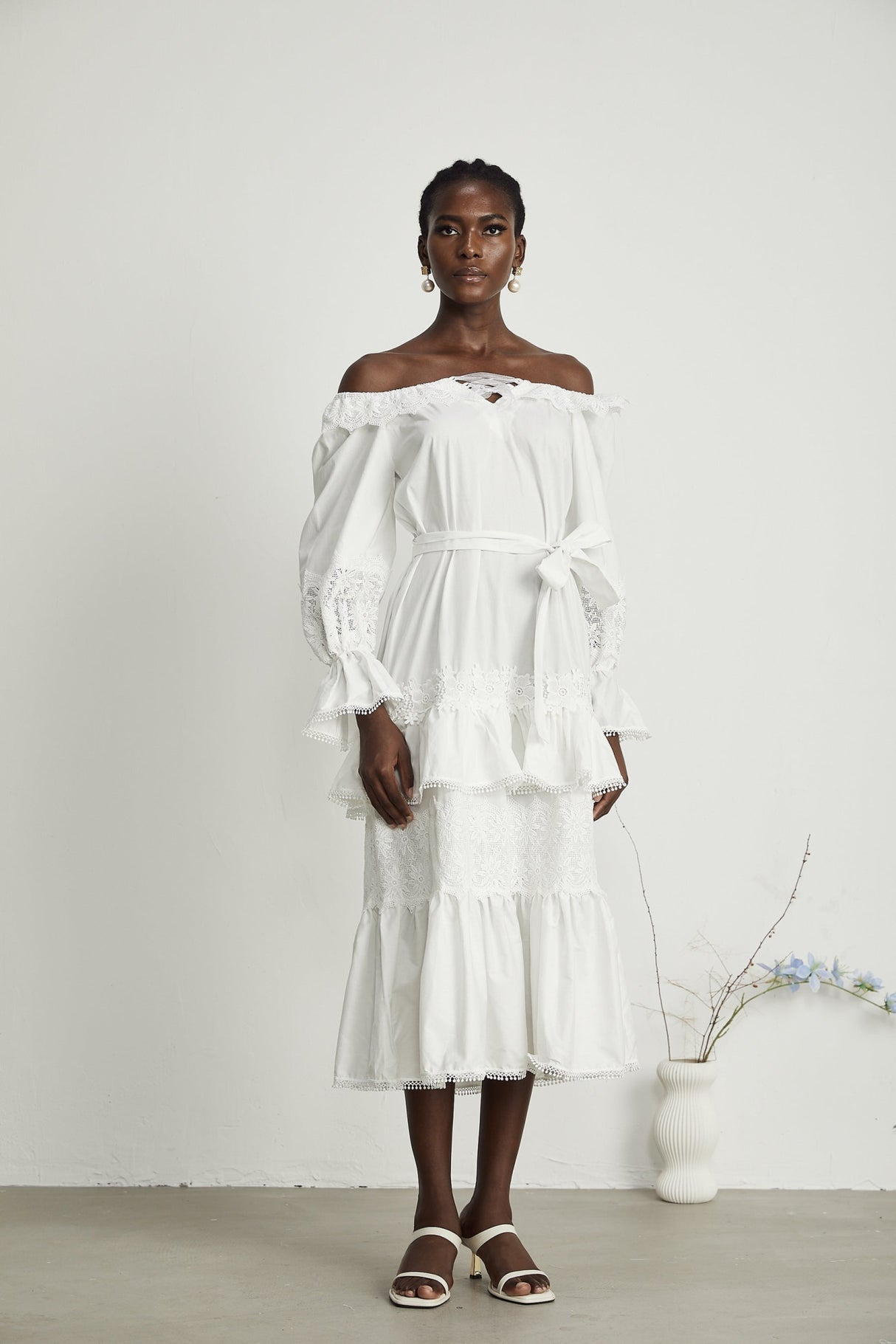 Licia Midi Dress White Lace Trim Cut Out Design & Flounce Hem