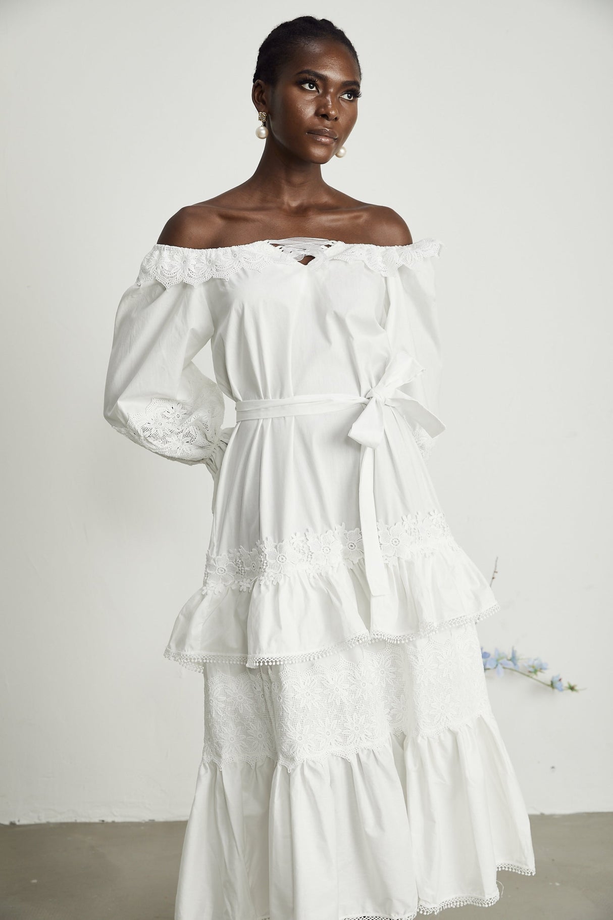 Licia Midi Dress White Lace Trim Cut Out Design & Flounce Hem