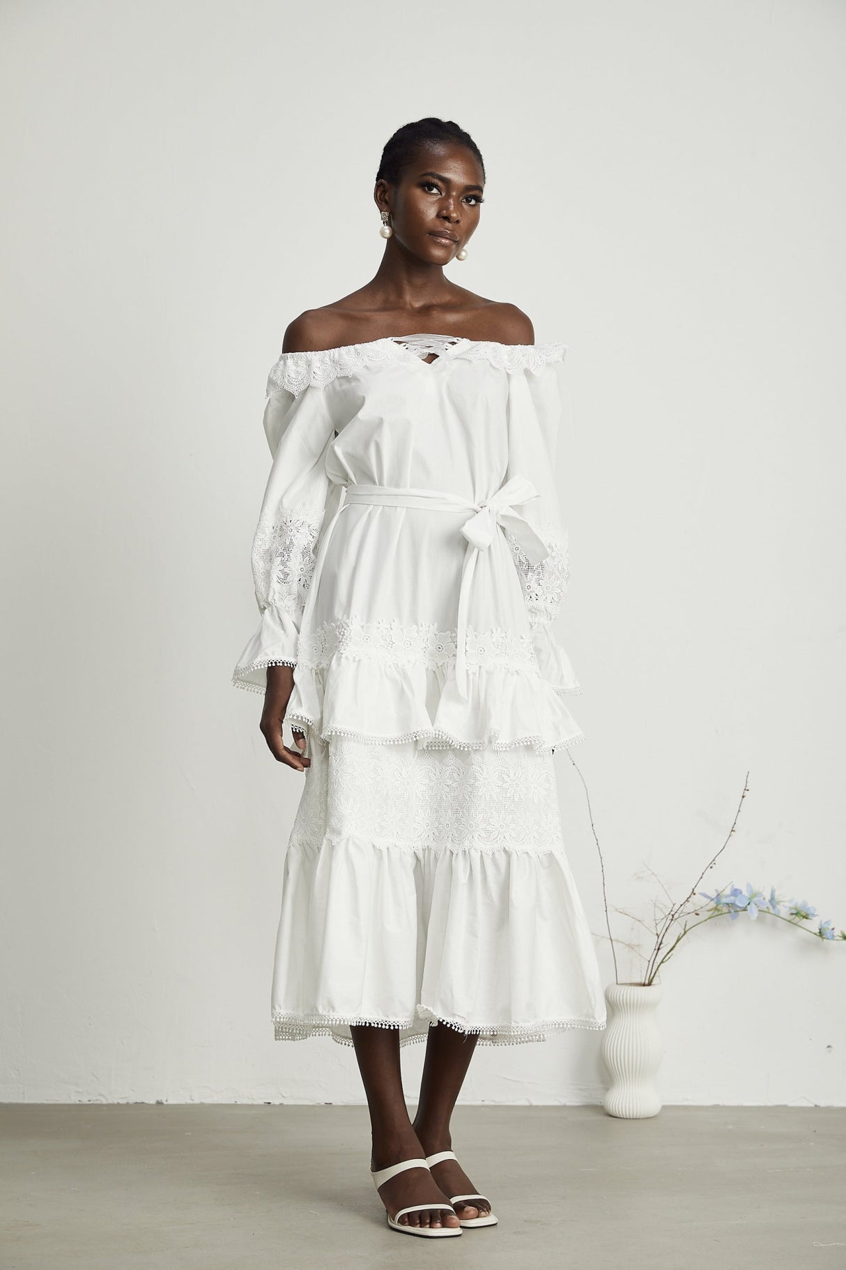 Licia Midi Dress White Lace Trim Cut Out Design & Flounce Hem