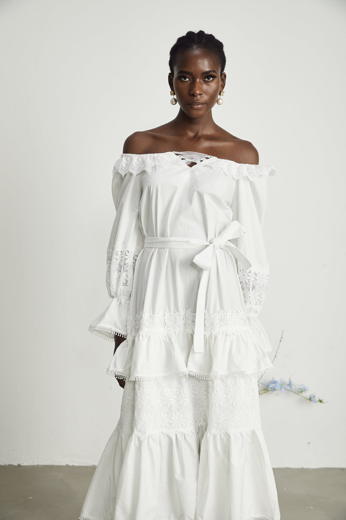 Licia Midi Dress White Lace Trim Cut Out Design & Flounce Hem