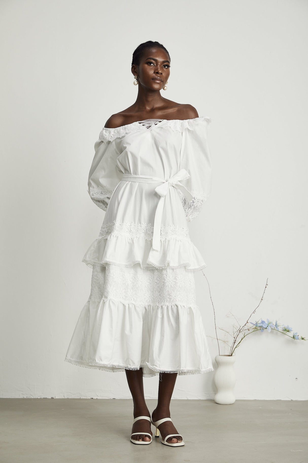 Licia Midi Dress White Lace Trim Cut Out Design & Flounce Hem