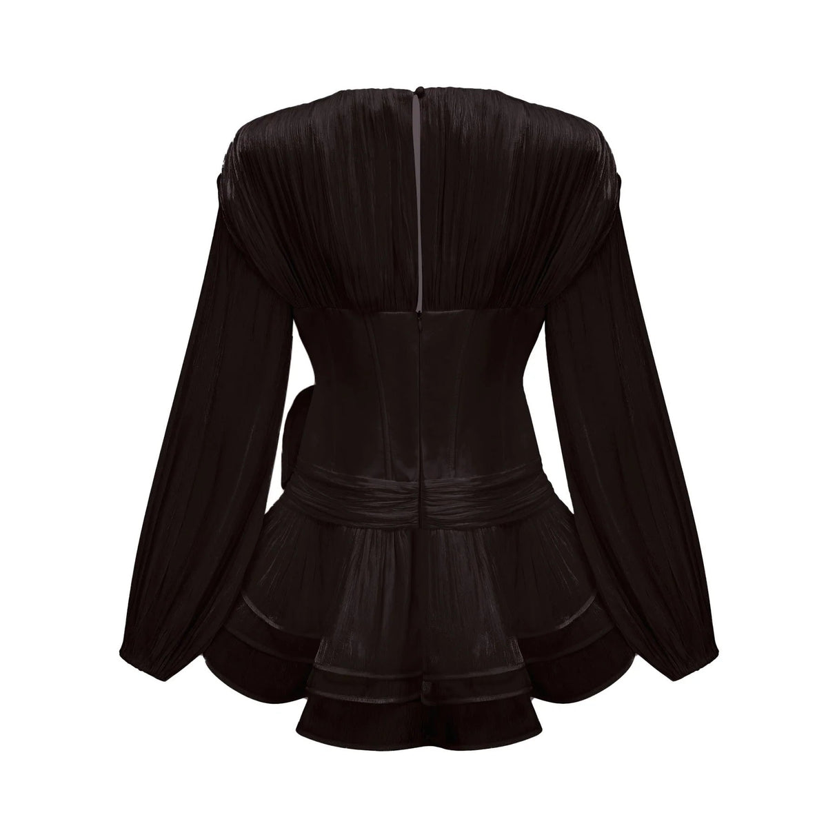 Licia Mini Dress Black Floral Lantern Sleeves Ruffled Glitter & Pleated