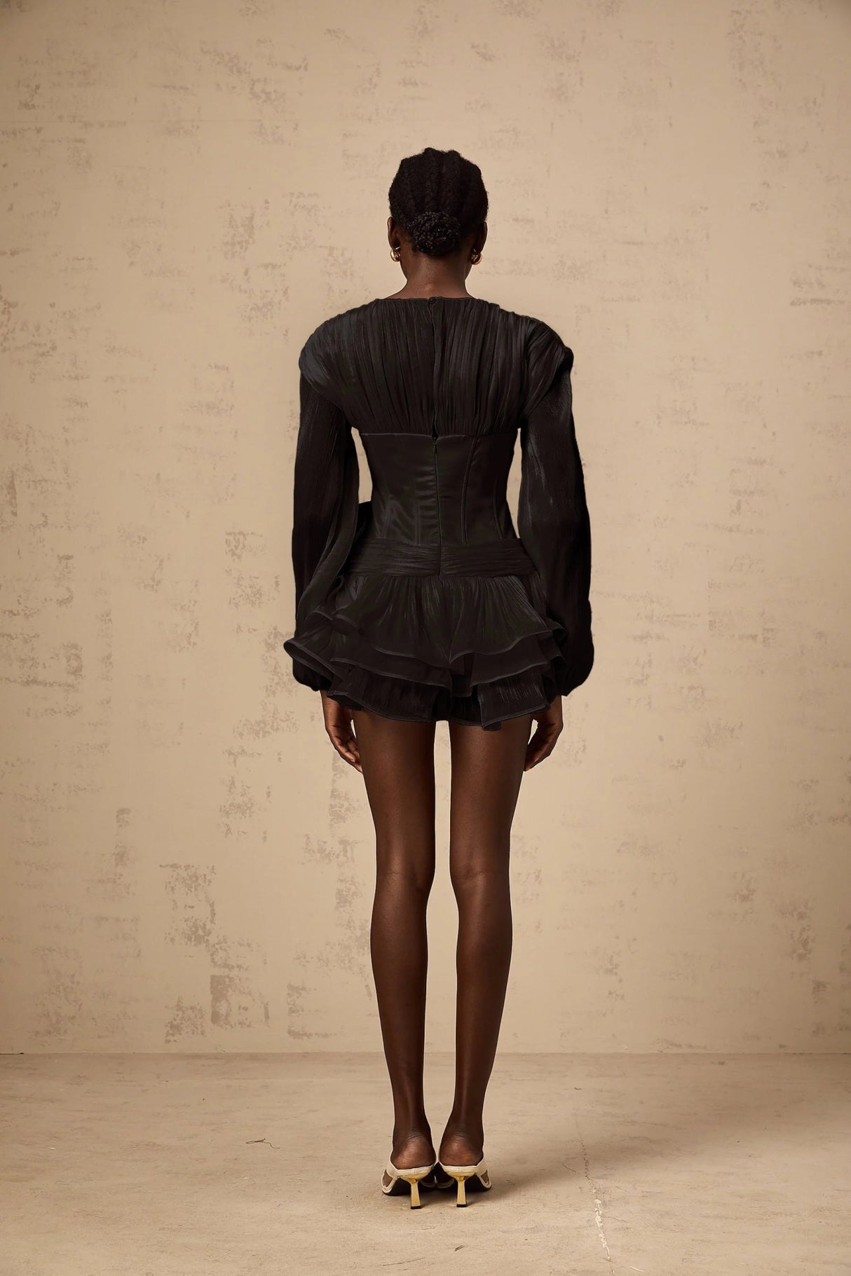 Licia Mini Dress Black Floral Lantern Sleeves Ruffled Glitter & Pleated