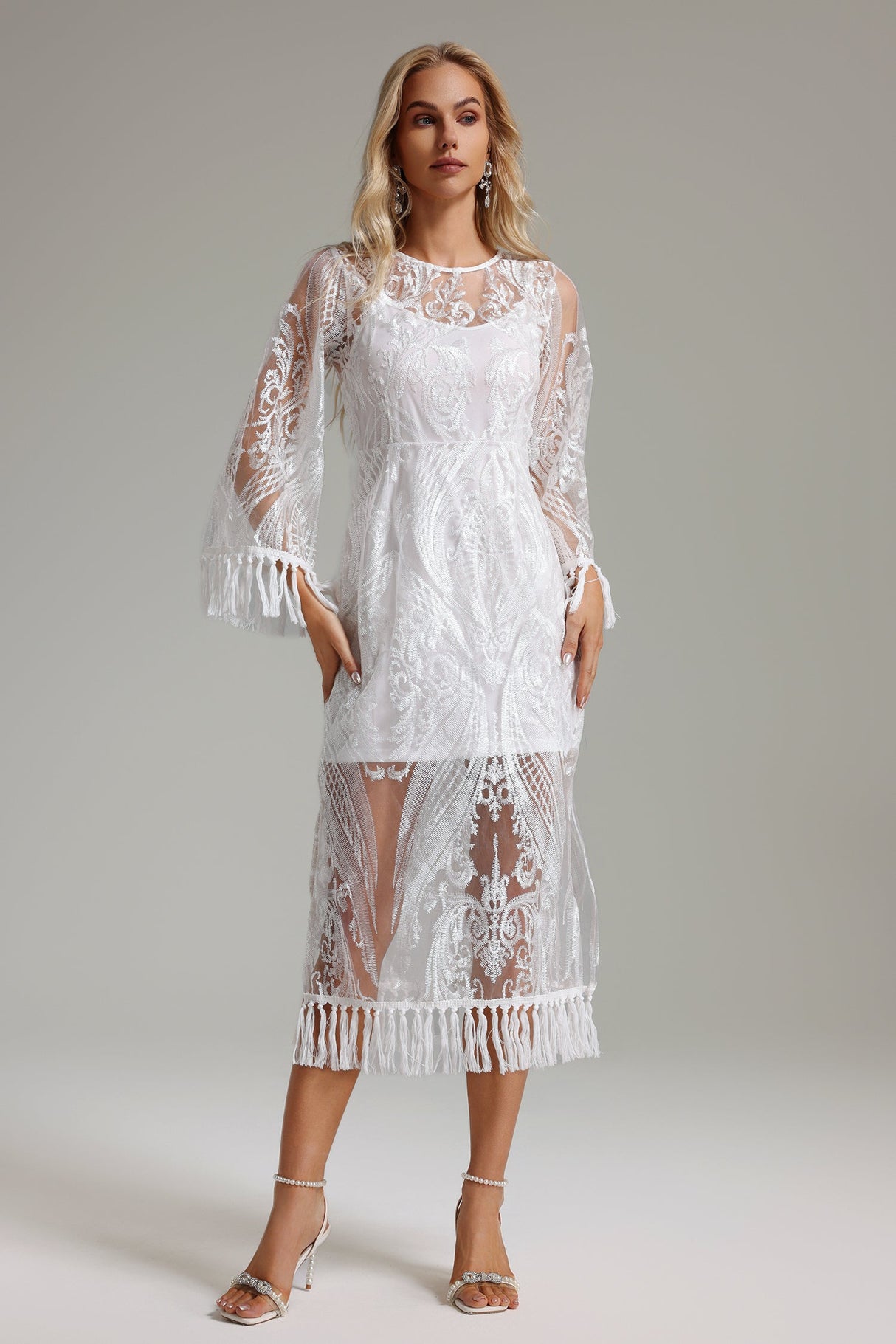 Licia White Embroidered Tassel Hem Dress for Weddings and Galas
