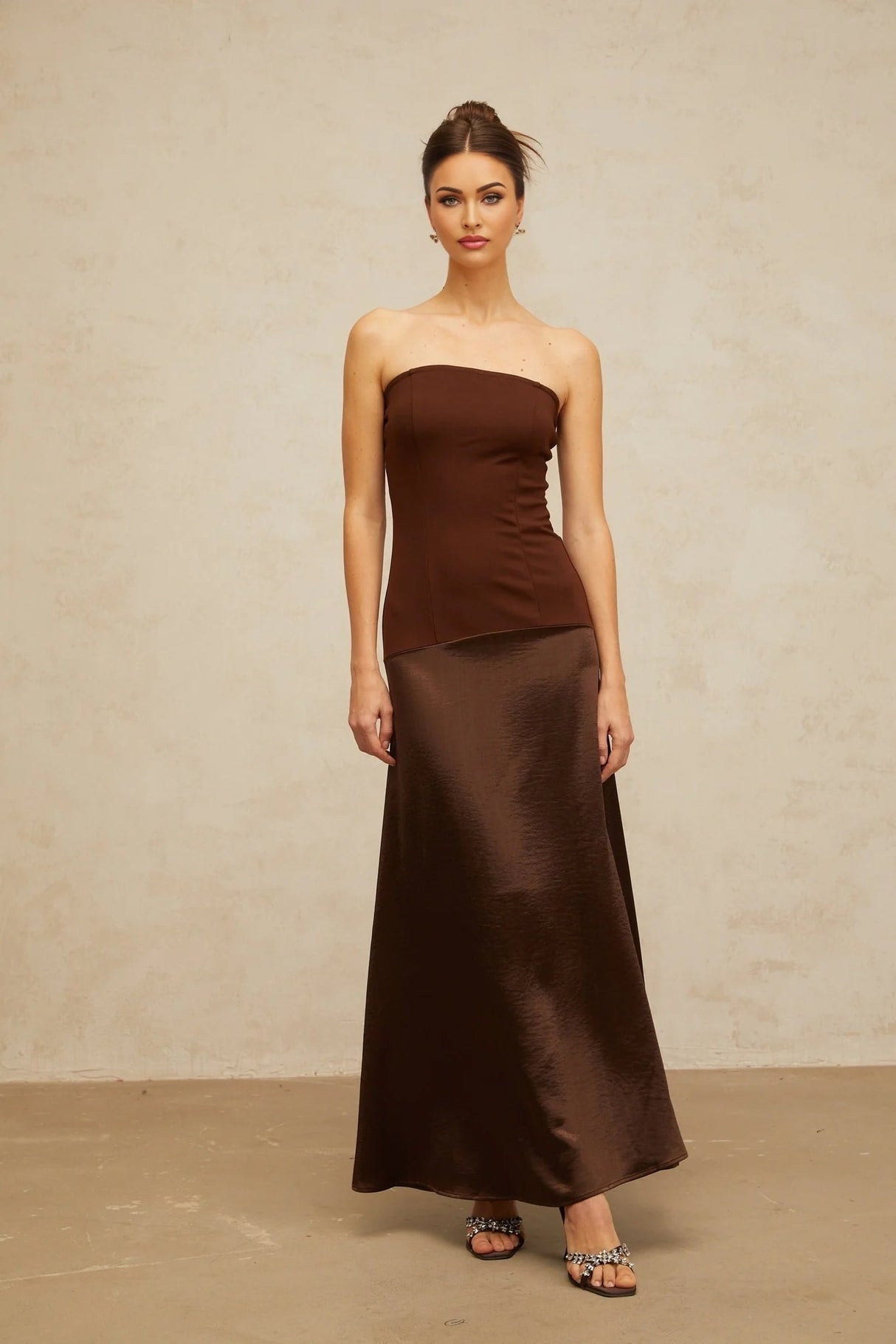 Lilah Maxi Dress Brown Off - Shoulder Satin Panel Movement Flared Hem