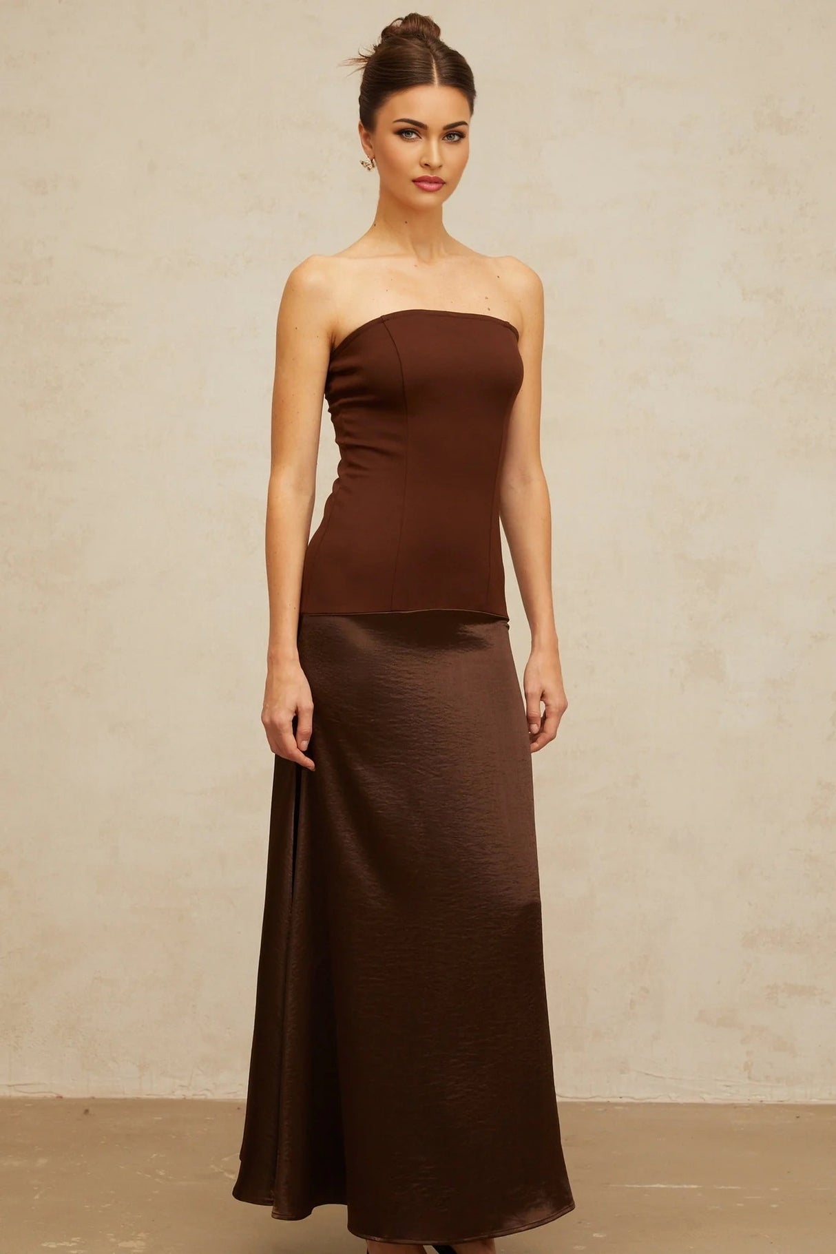 Lilah Maxi Dress Brown Off - Shoulder Satin Panel Movement Flared Hem