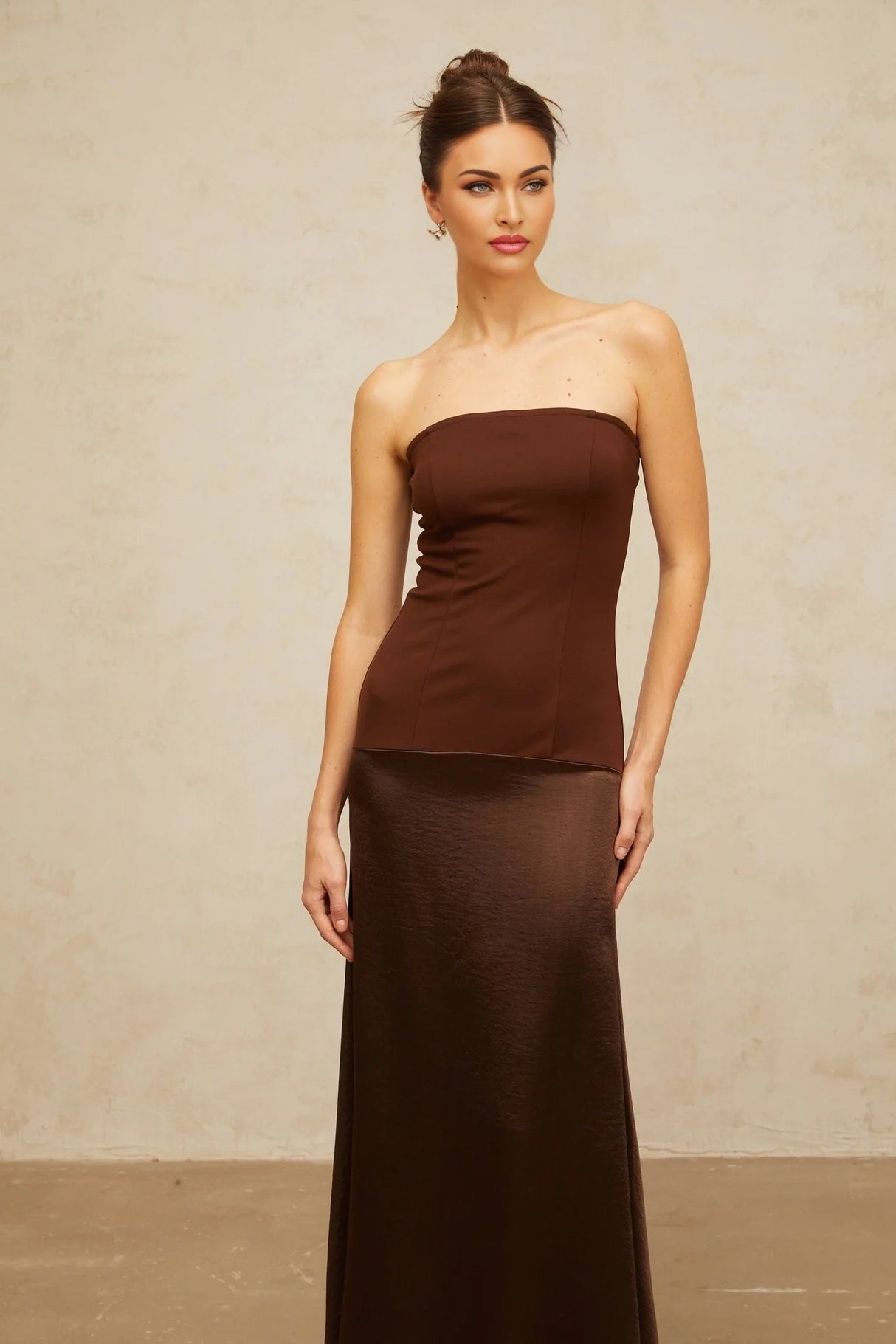 Lilah Maxi Dress Brown Off - Shoulder Satin Panel Movement Flared Hem