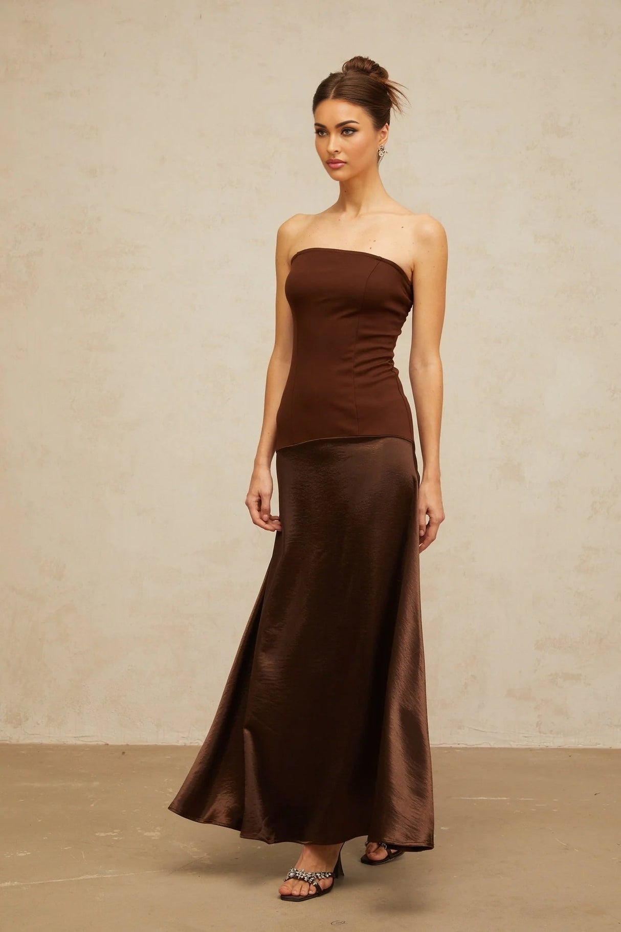 Lilah Maxi Dress Brown Off - Shoulder Satin Panel Movement Flared Hem