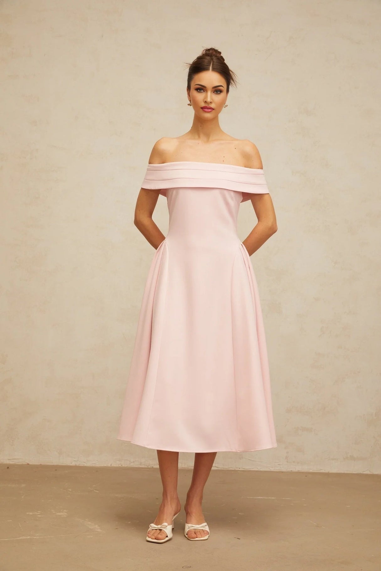 Lilah Midi Dress Pink Off - Shoulder Pleated & Flared